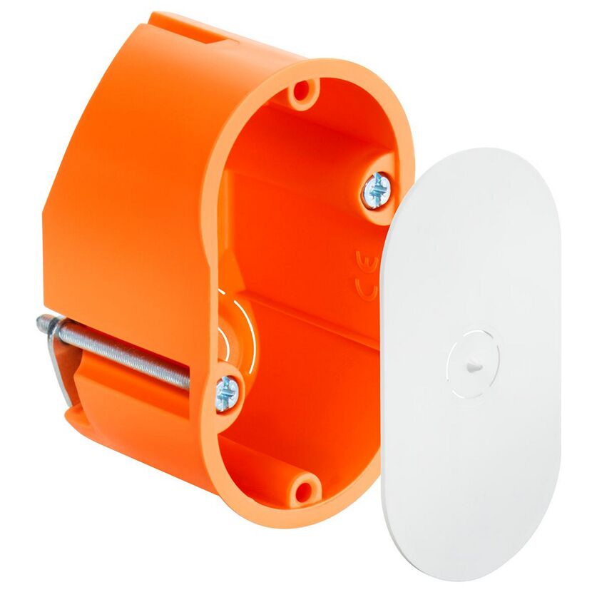 Orange Wandleuchten-Anschlussdose mit weißer Abdeckung.