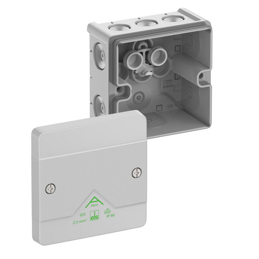 Grauer Abzweigkasten Abox 025-L, geöffnet mit Deckel.