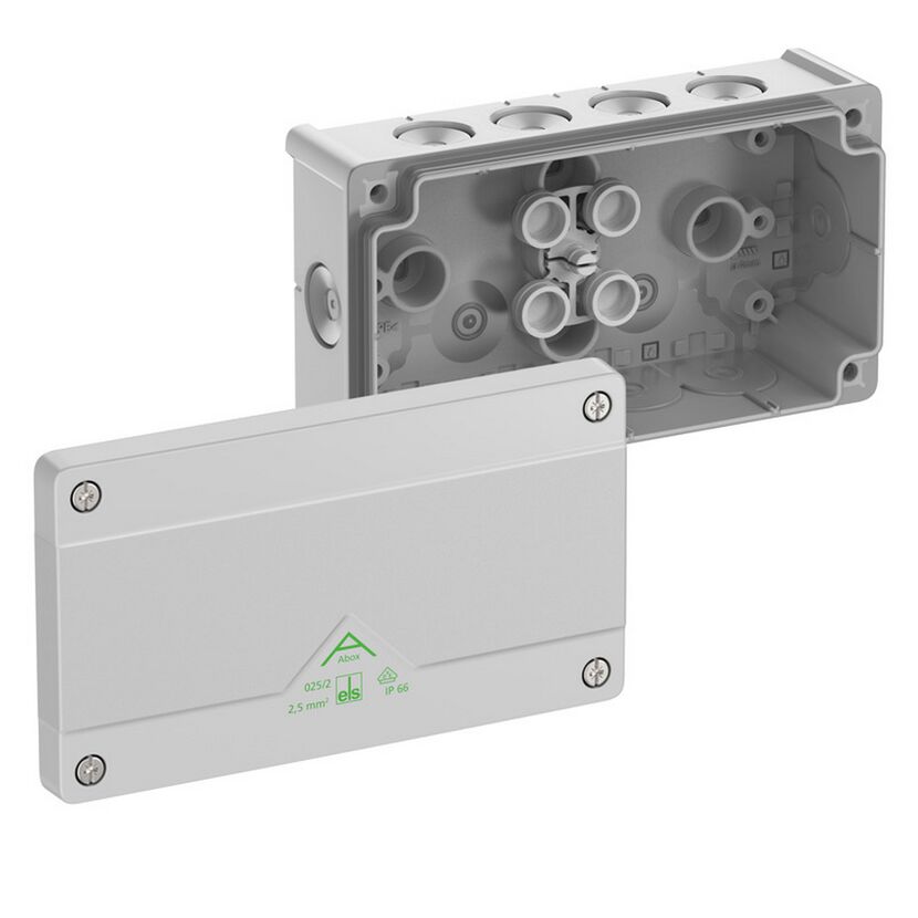 Grauer Abzweigkasten Abox 025/2-L mit offenem Deckel.