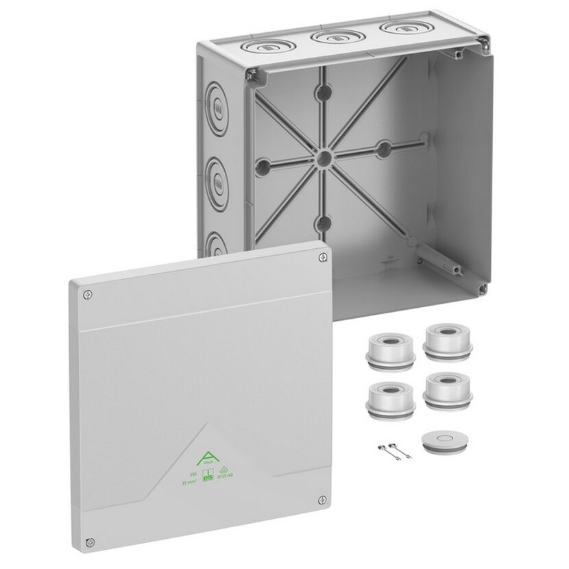 Grauer Abzweigkasten Abox 350-L mit Deckel und Zubehör
