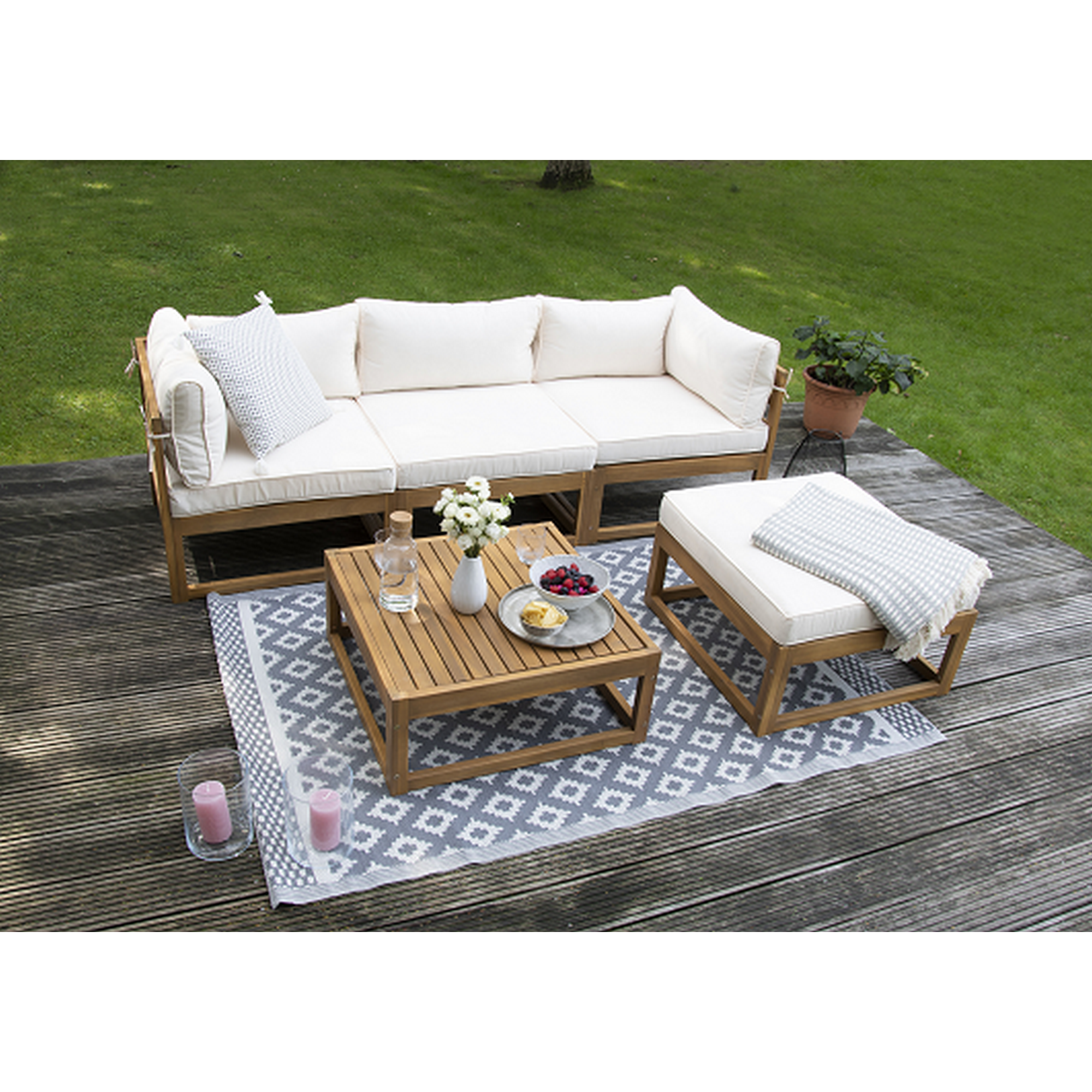 Modul-Lounge 'Karmoy' Holz braun/beige 4-Sitzer mit Tisch 5-teilig
