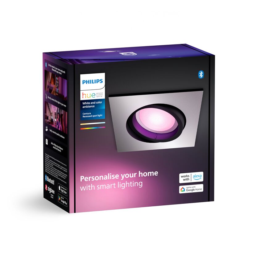 LED-Einbauspot 'Hue Centura' Verpackung, pink leuchtend.