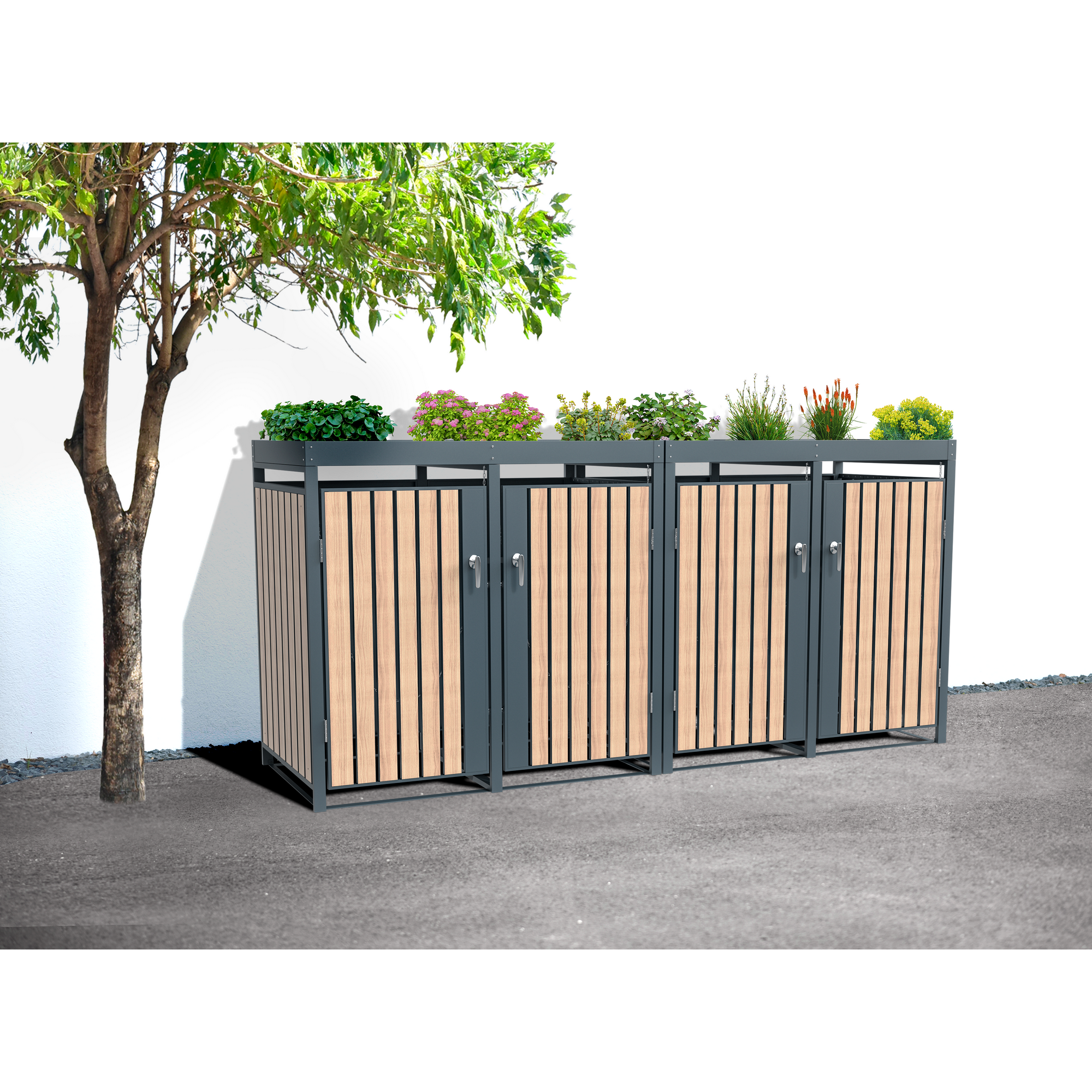 Mülltonnenbox 'Planta' bepflanzbar anthrazit/Holzoptik 84 x 264 x 124 cm
