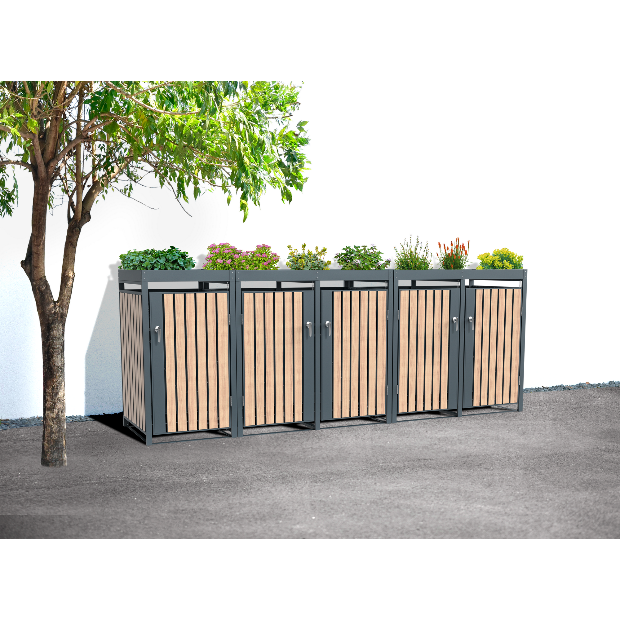 Mülltonnenbox 'Planta' bepflanzbar anthrazit/Holzoptik 84 x 332 x 124 cm