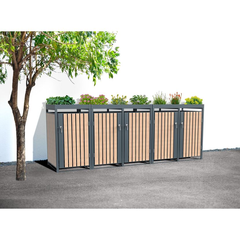 Mülltonnenbox 'Planta' bepflanzbar anthrazit/Holzoptik 84 x 332 x 124 cm
