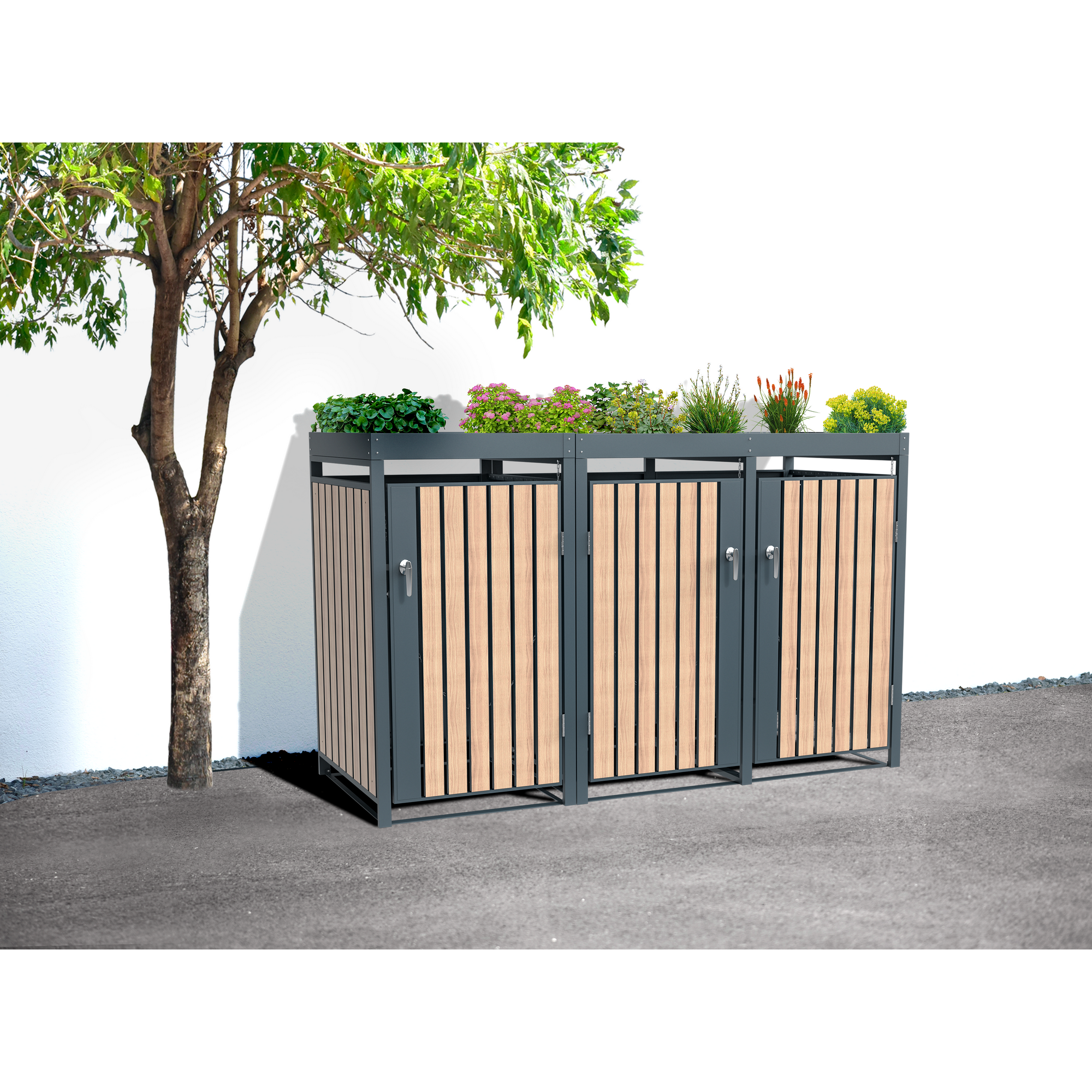 Mülltonnenbox 'Planta' bepflanzbar anthrazit/Holzoptik 84 x 200 x 124 cm