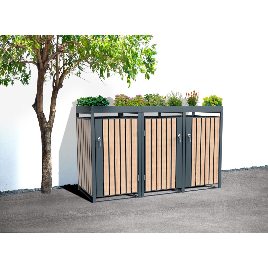 Mülltonnenbox 'Planta' bepflanzbar anthrazit/Holzoptik 84 x 200 x 124 cm
