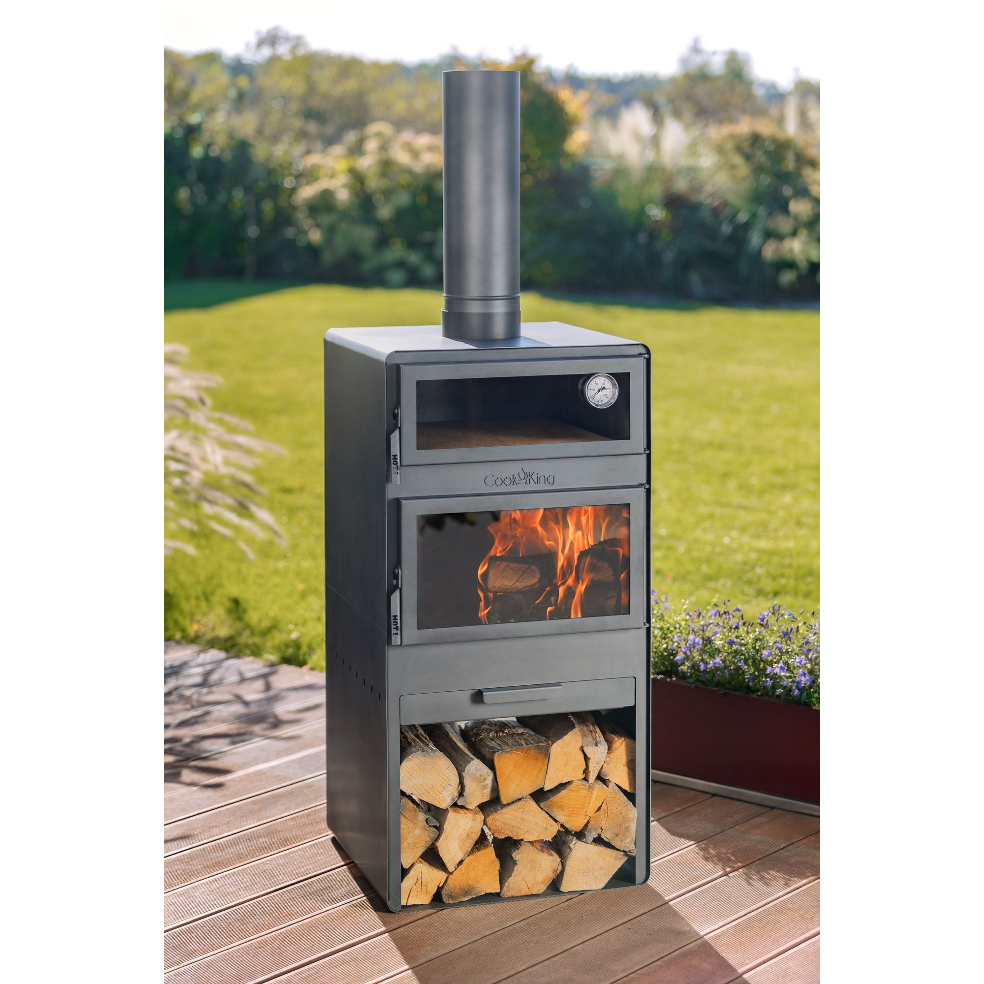 Terrassenofen 'Vento Plus' schwarz 50 x 50 x 150 cm mit Pizzaofen