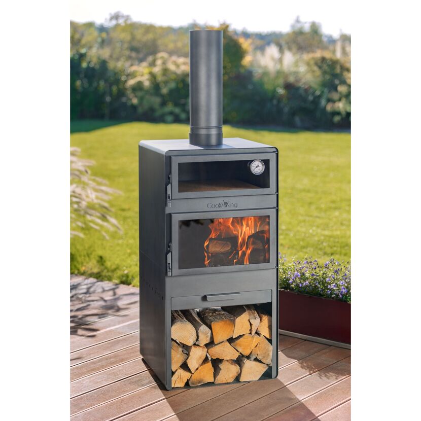 Terrassenofen 'Vento Plus' schwarz 50 x 50 x 150 cm mit Pizzaofen