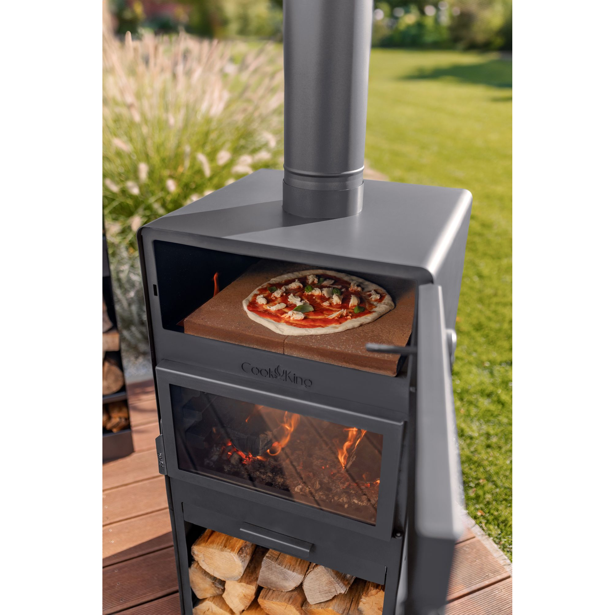 Terrassenofen 'Vento Plus' schwarz 50 x 50 x 150 cm mit Pizzaofen