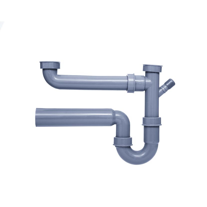 Doppel-Spültisch-Röhrensiphon grau 1 1/2" IG x 50 mm, mit 3/4" Geräteanschluss