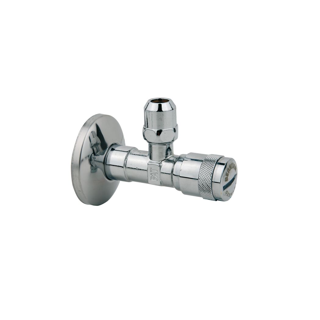 Eckventil 'Benkiser' chromfarben 1/2" x 3/8" x 10 mm mit Schubrosette und Filter