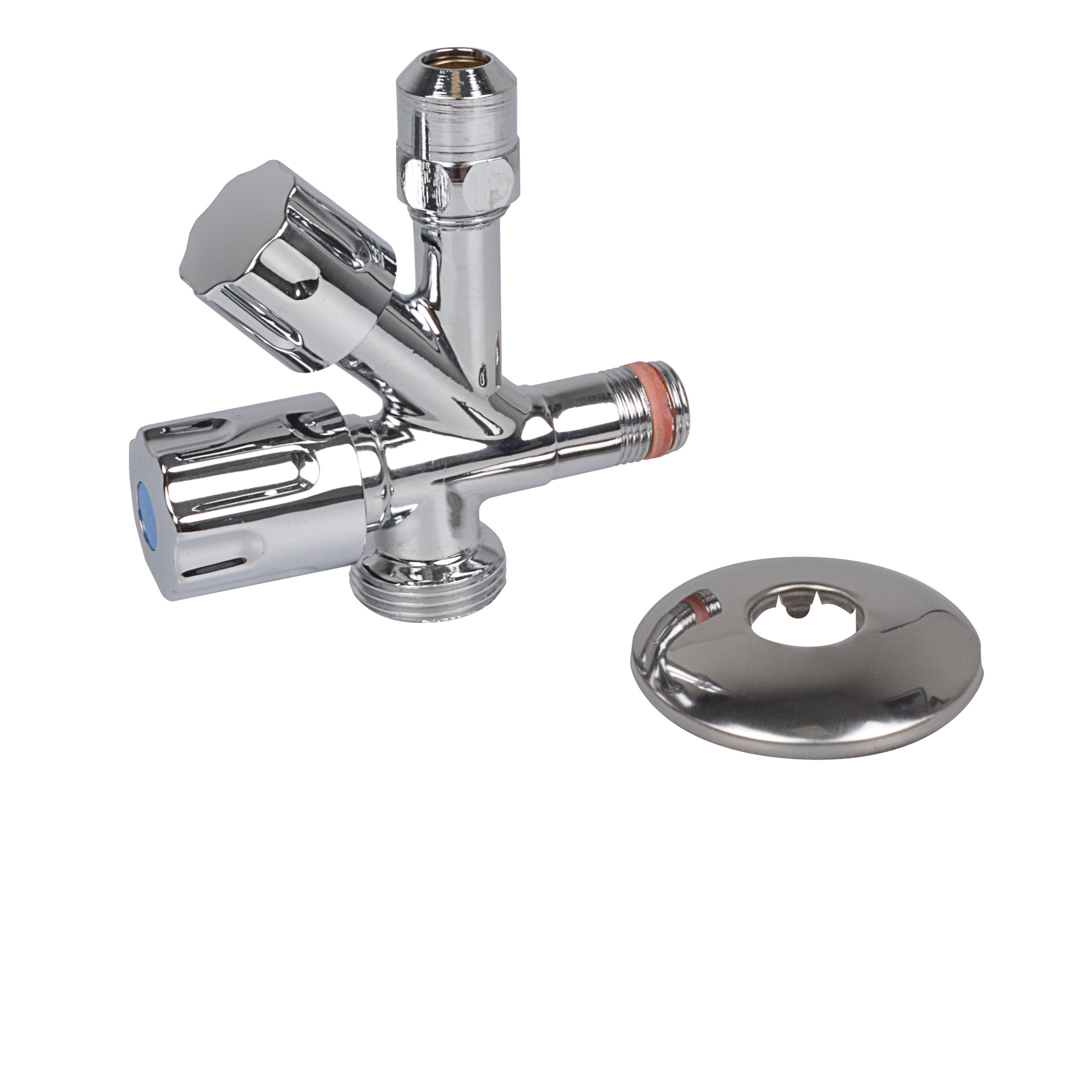 GA-Eckventil verchromt 1/2" AG x 3/4" AG x 3/8" AG x 10 mmQ, mit Rosette