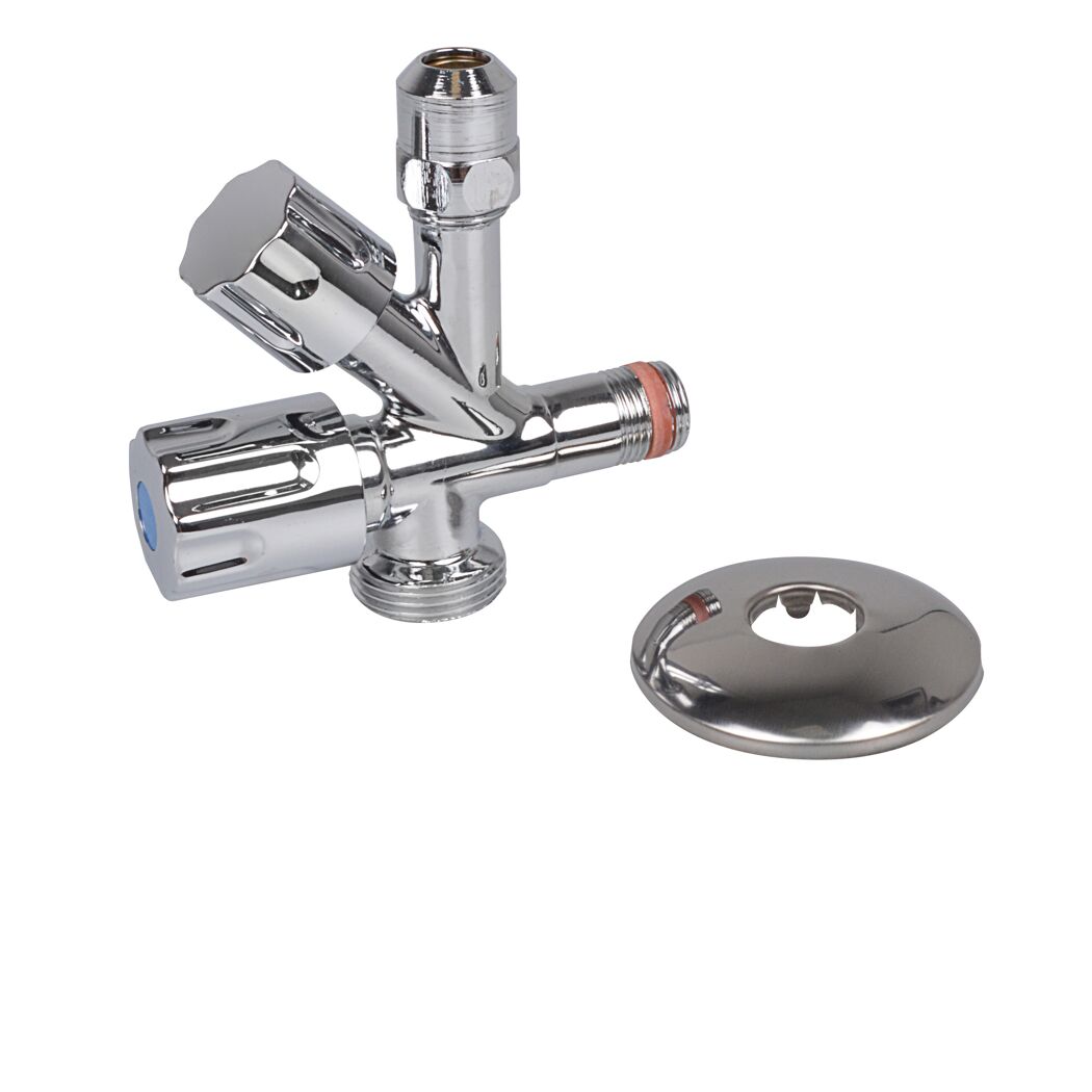 GA-Eckventil verchromt 1/2" AG x 3/4" AG x 3/8" AG x 10 mmQ, mit Rosette