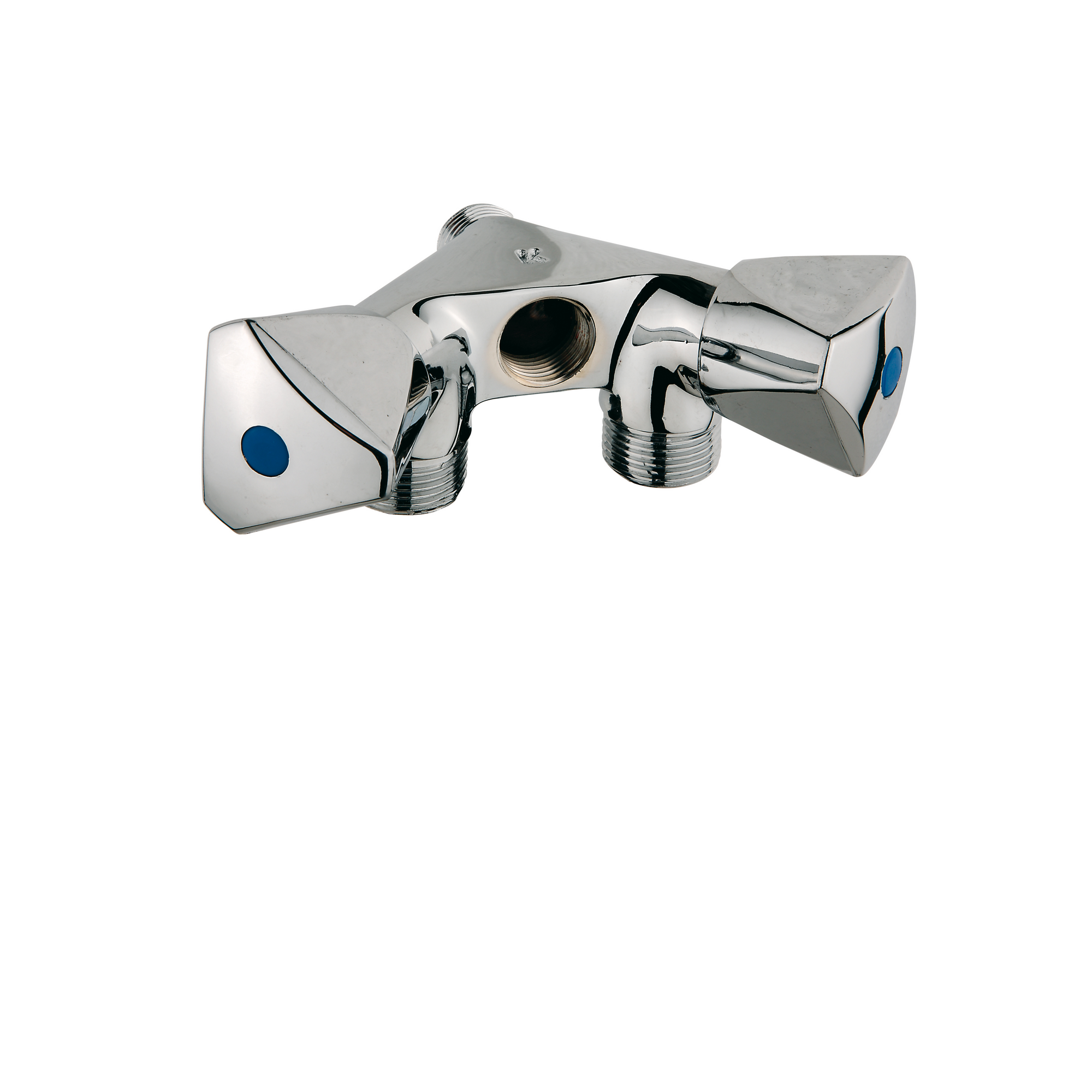 Doppel-GA-Wandventil verchromt 1/2 "AG x 3/4" AG x 1/2" IG, mit Rückflussverhinderer