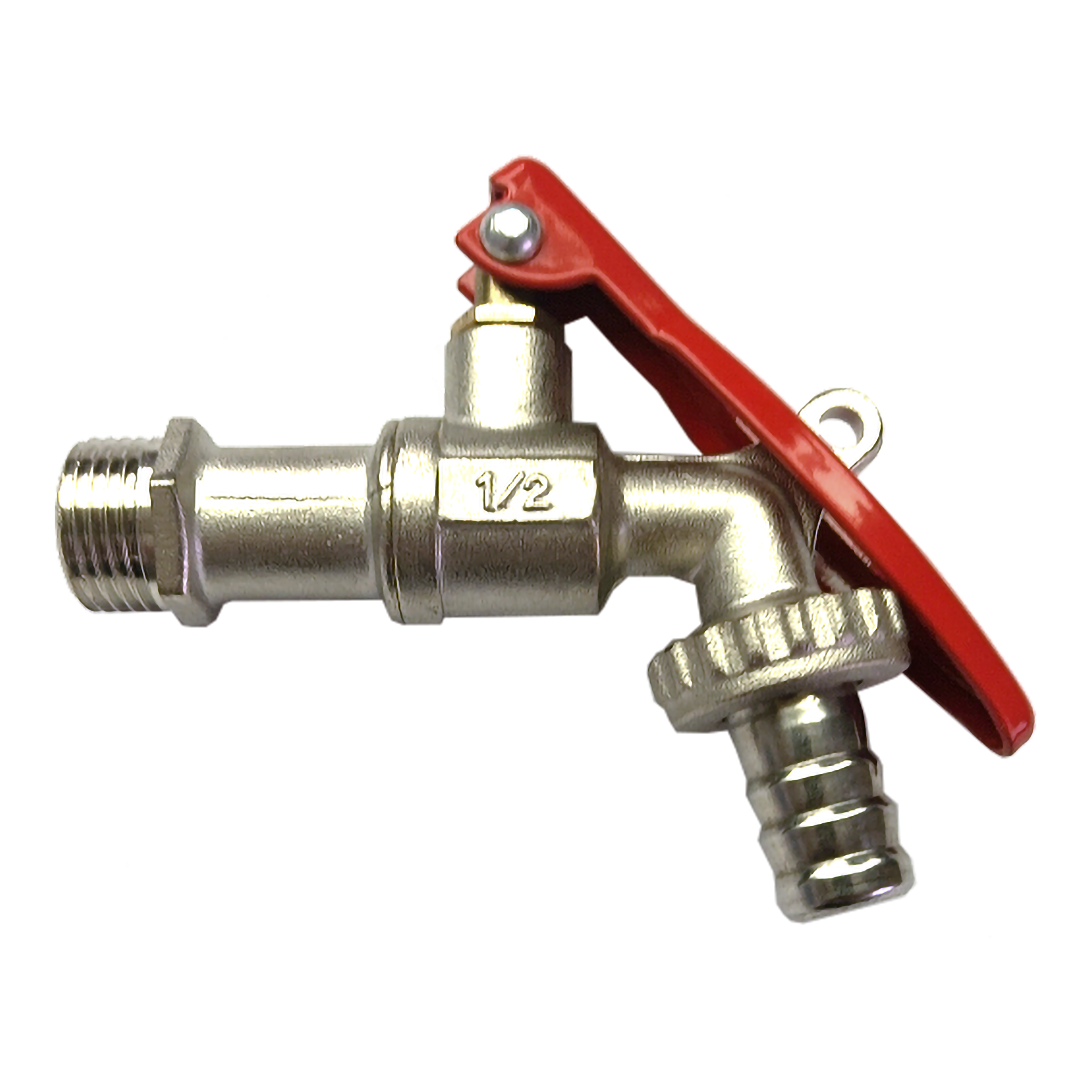 Kugel-Auslaufhahn vernickelt 1/2" AG x 3/4" AG x 1/2" T, abschließbar