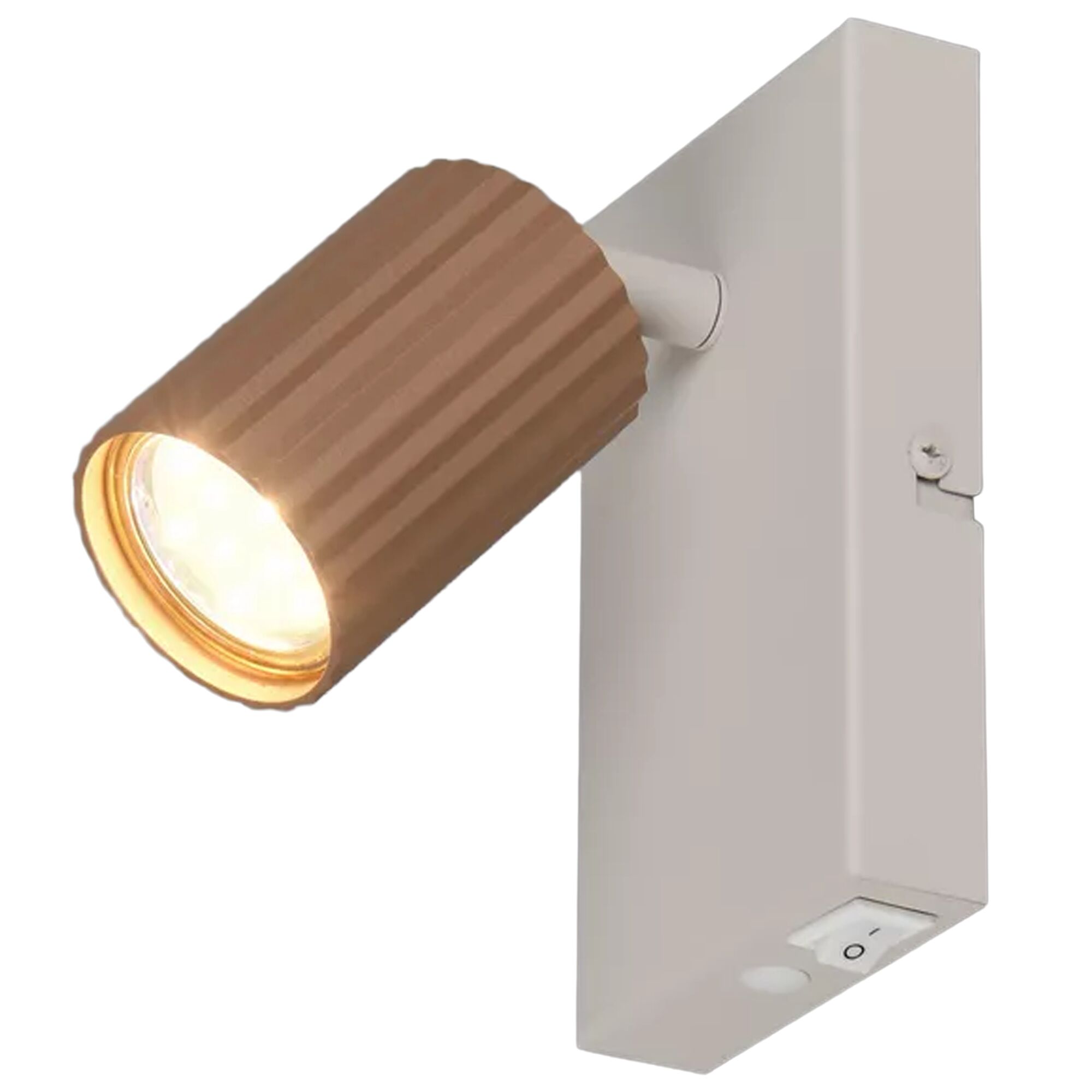 LED-Spot Soka beleuchtet mit beige-braunem, geriffeltem Kopf.