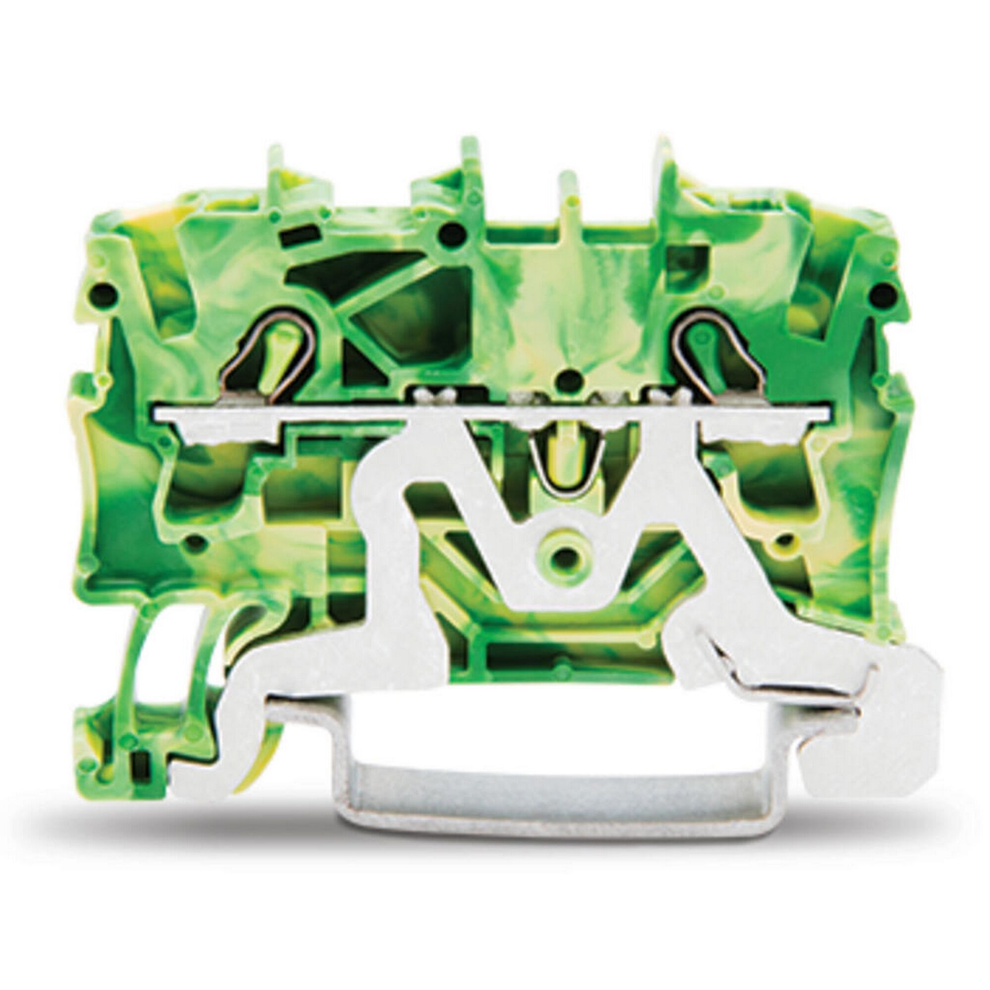 Grüne Reihenklemme 2,5 mm², offene Ansicht der Kontakte.