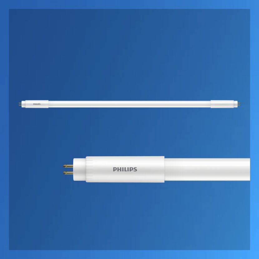 Zwei Philips LED-Leuchtröhren G5 auf blauem Hintergrund.