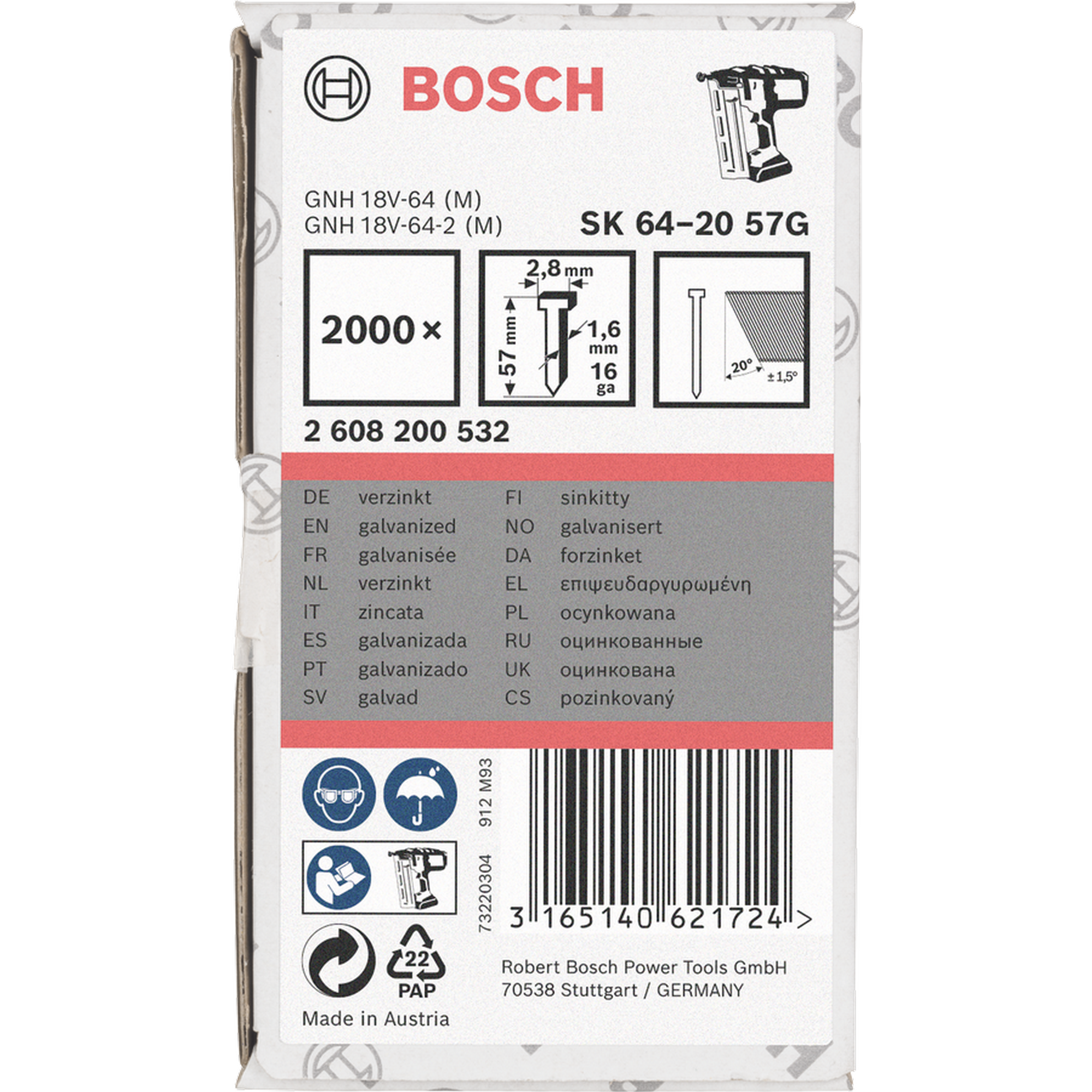 Stauchkopfnagel 'SK64-20 57G' verzinkt für Akku-/Druckluftnagler 2000 Stück