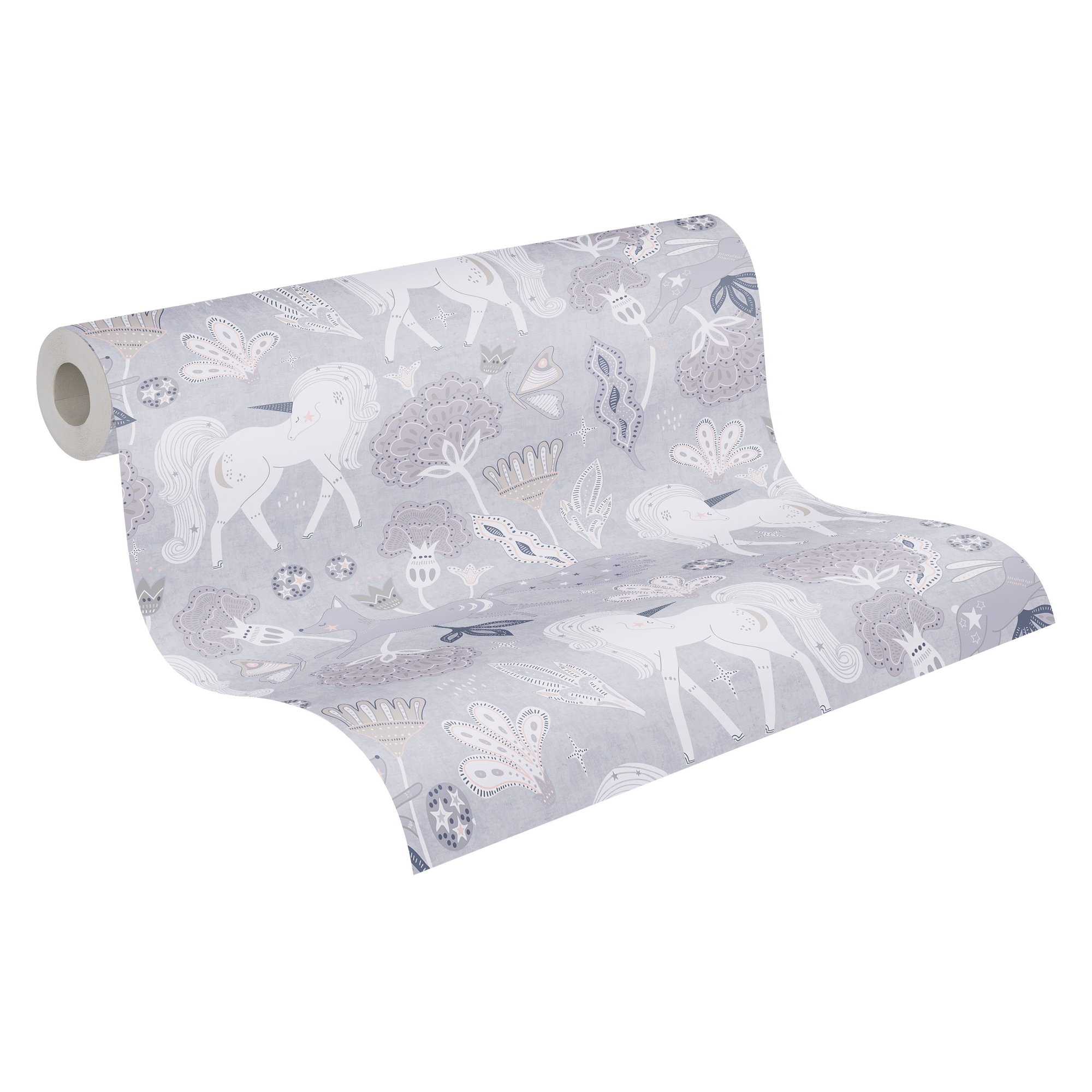 Vliestapete 'Lilly & Luis' Einhorn grau 0,53 x 10,05 m