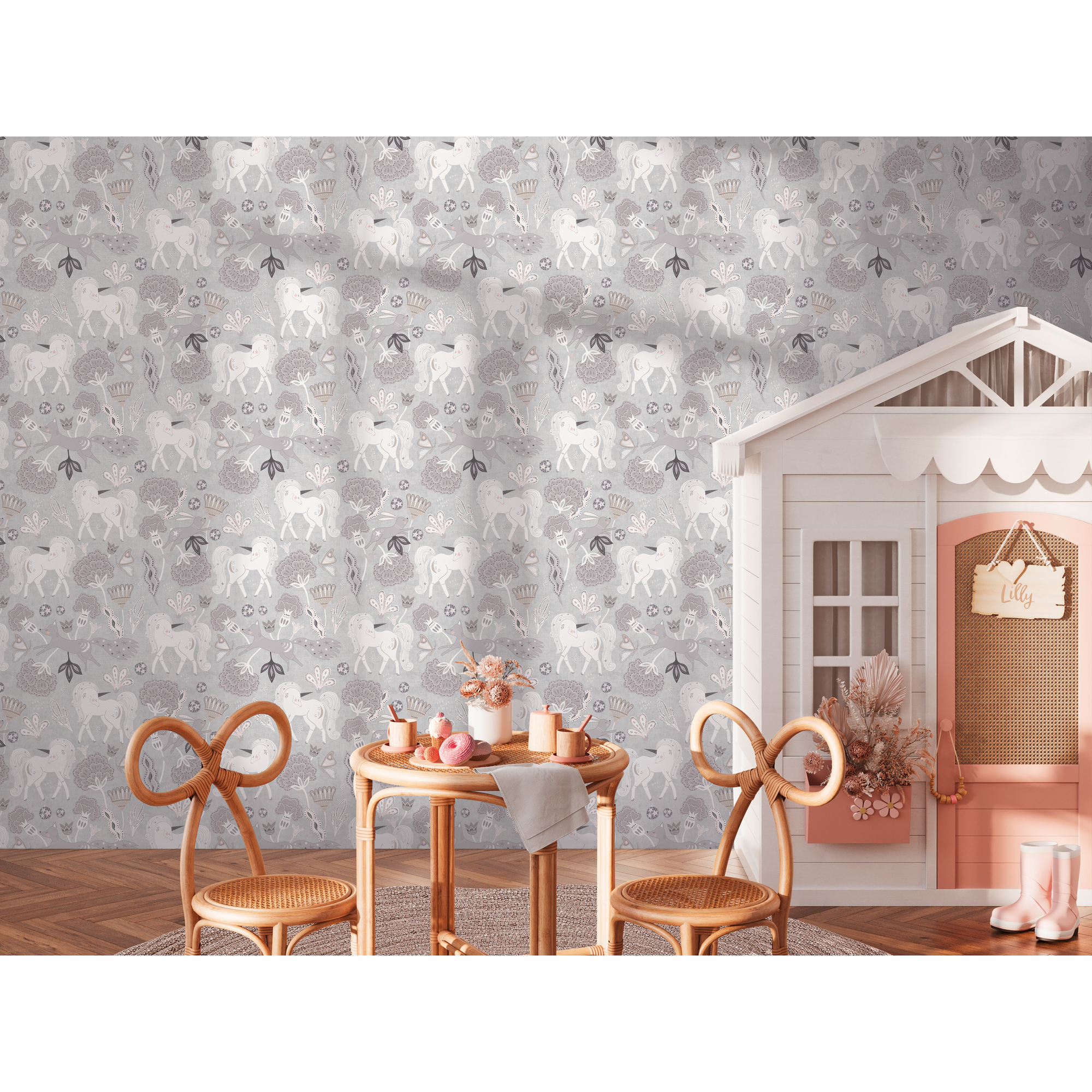 Vliestapete 'Lilly & Luis' Einhorn grau 0,53 x 10,05 m