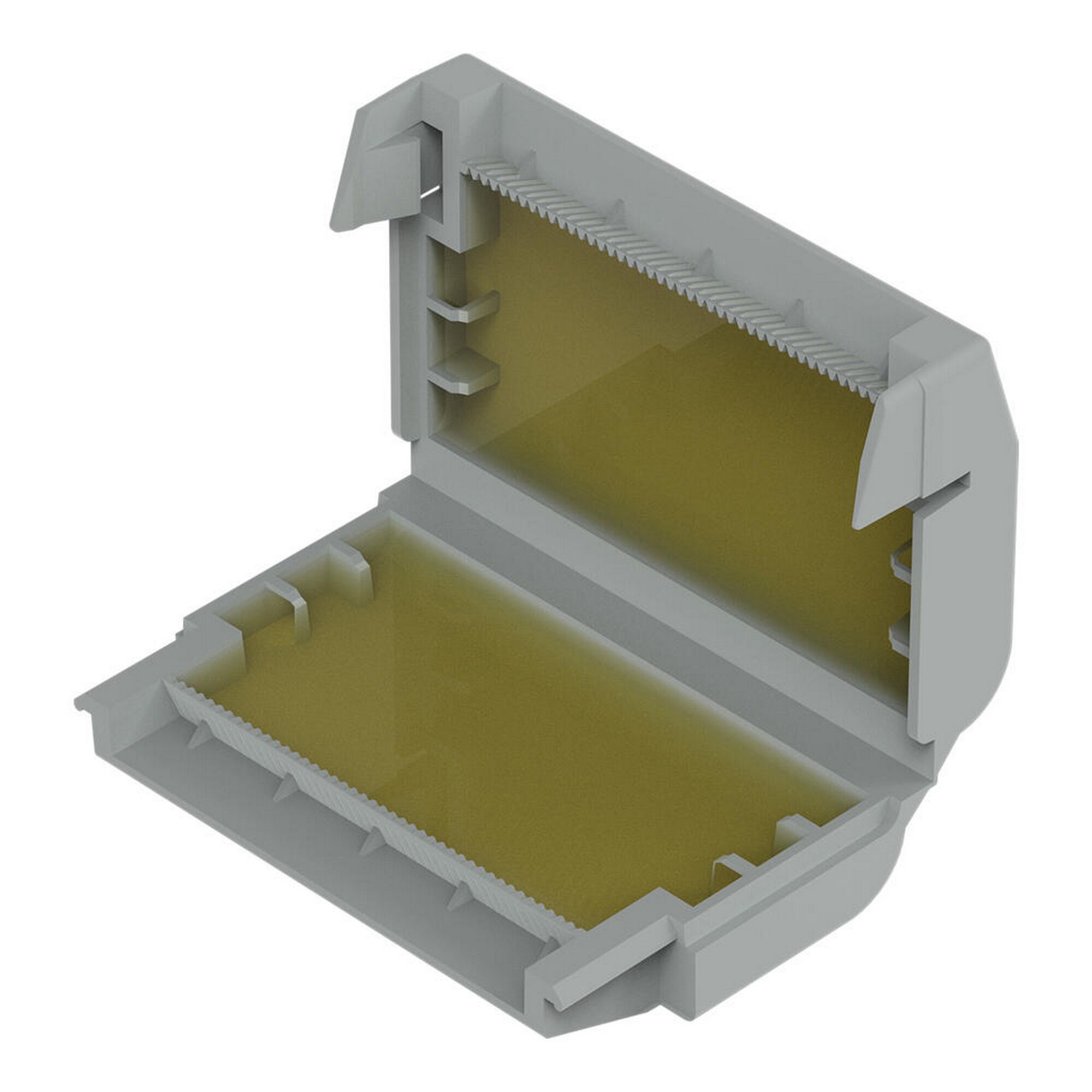 Offene graue Gelbox mit gelbem Füllmaterial