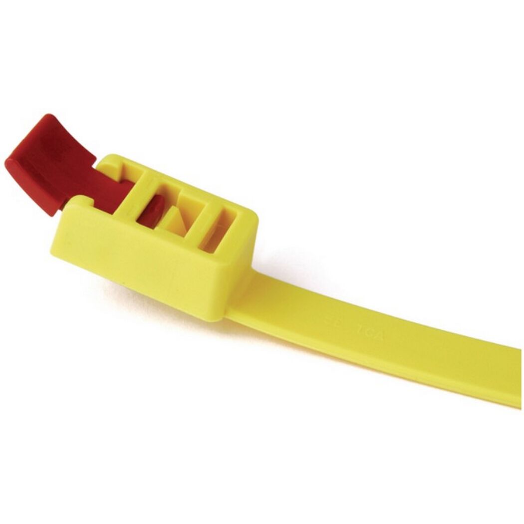 Gelber Kabelbinder mit rotem Verschluss