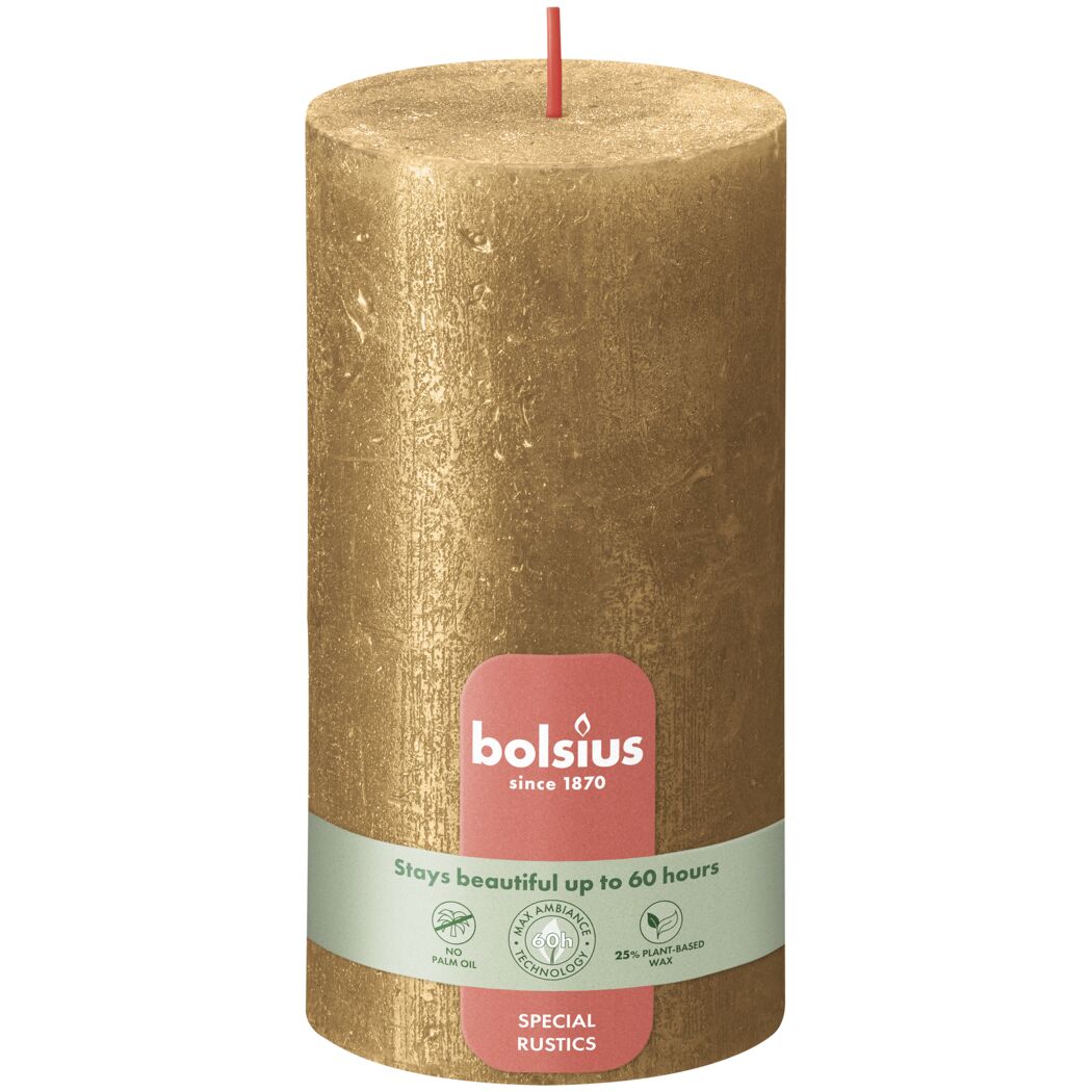 Goldfarbene Stumpenkerze 'Special-Rustik' mit Label