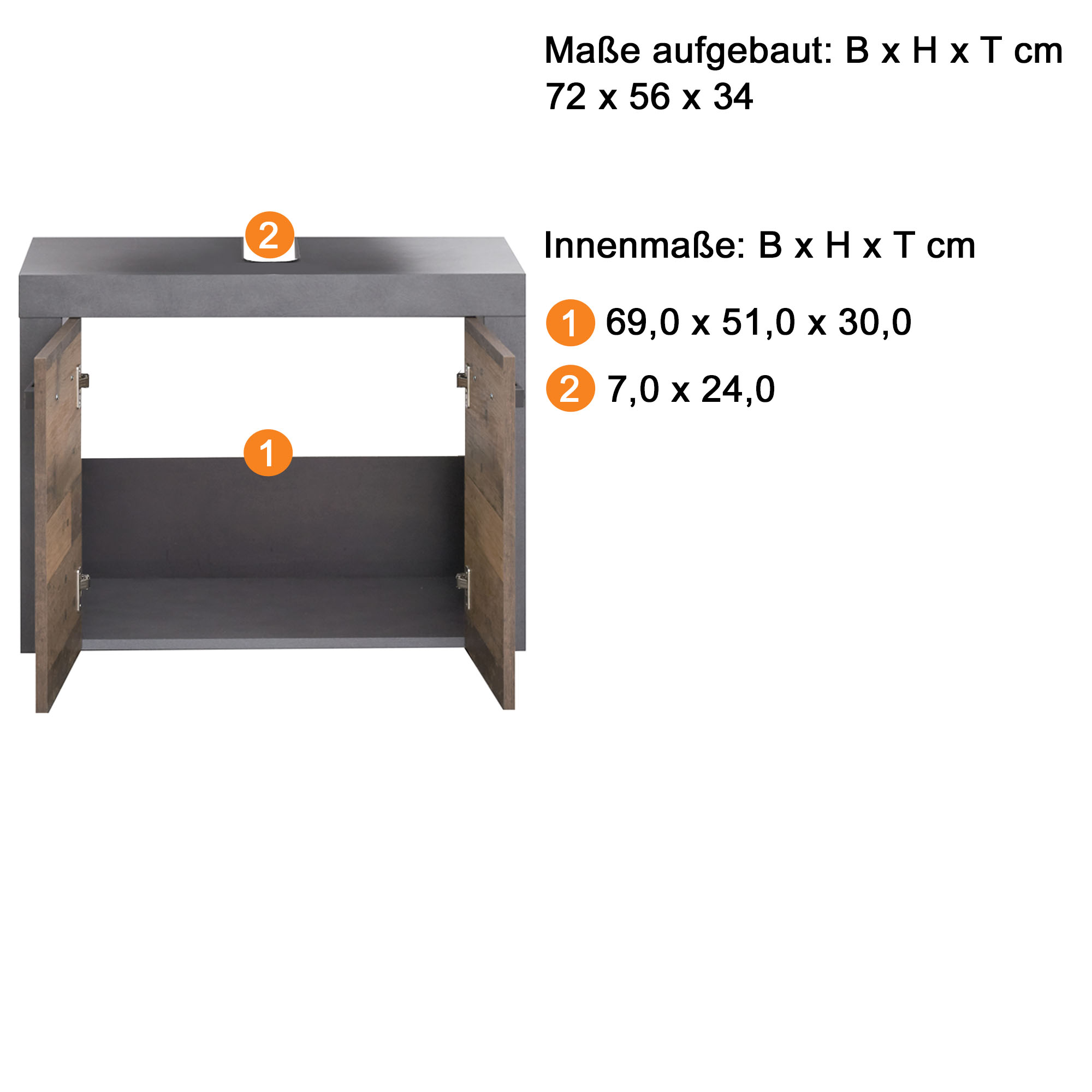 Waschbeckenunterschrank 'Indy' Old Wood 72 x 56 x 34 cm