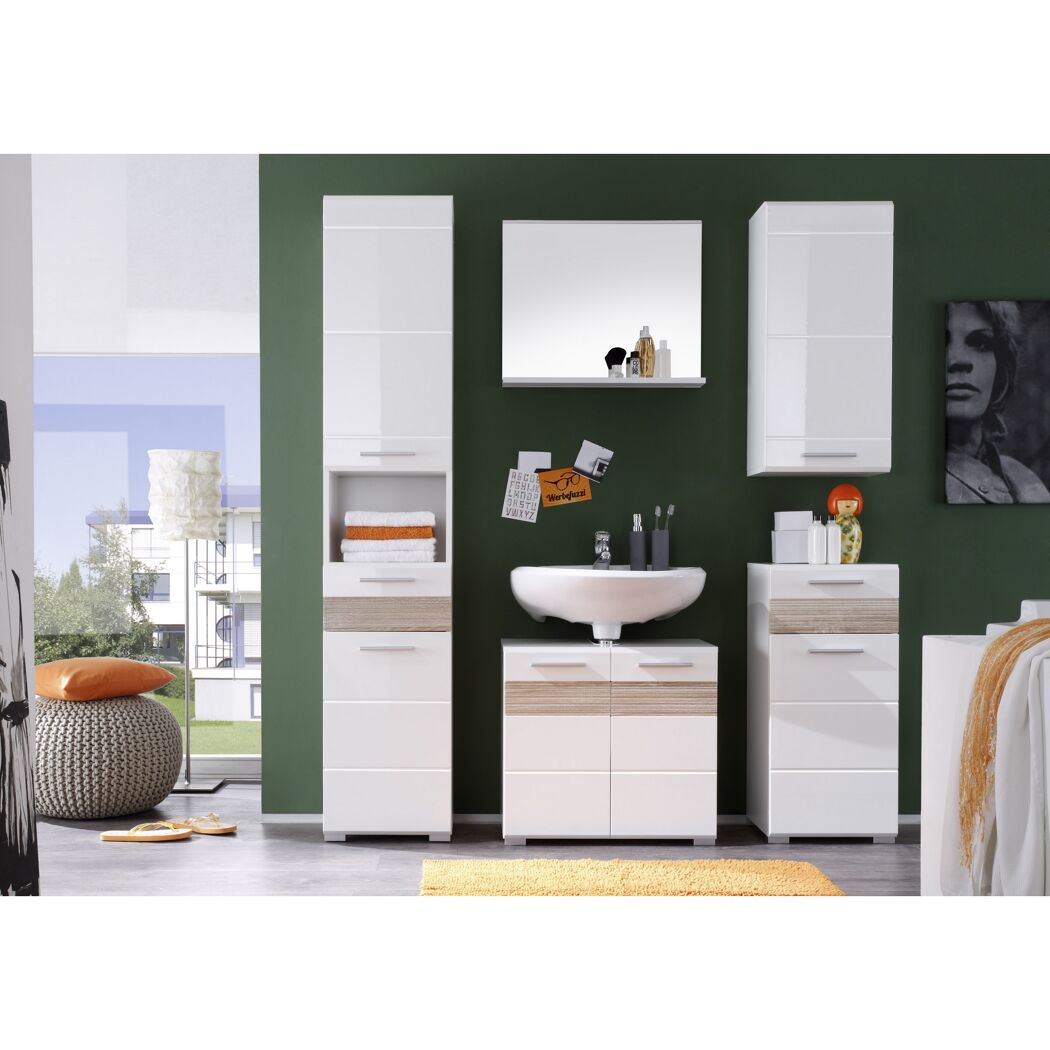 Hochschrank 'Mezzo' weiß Hochglanz/Eiche Sägerau 37 x 182 x 31 cm