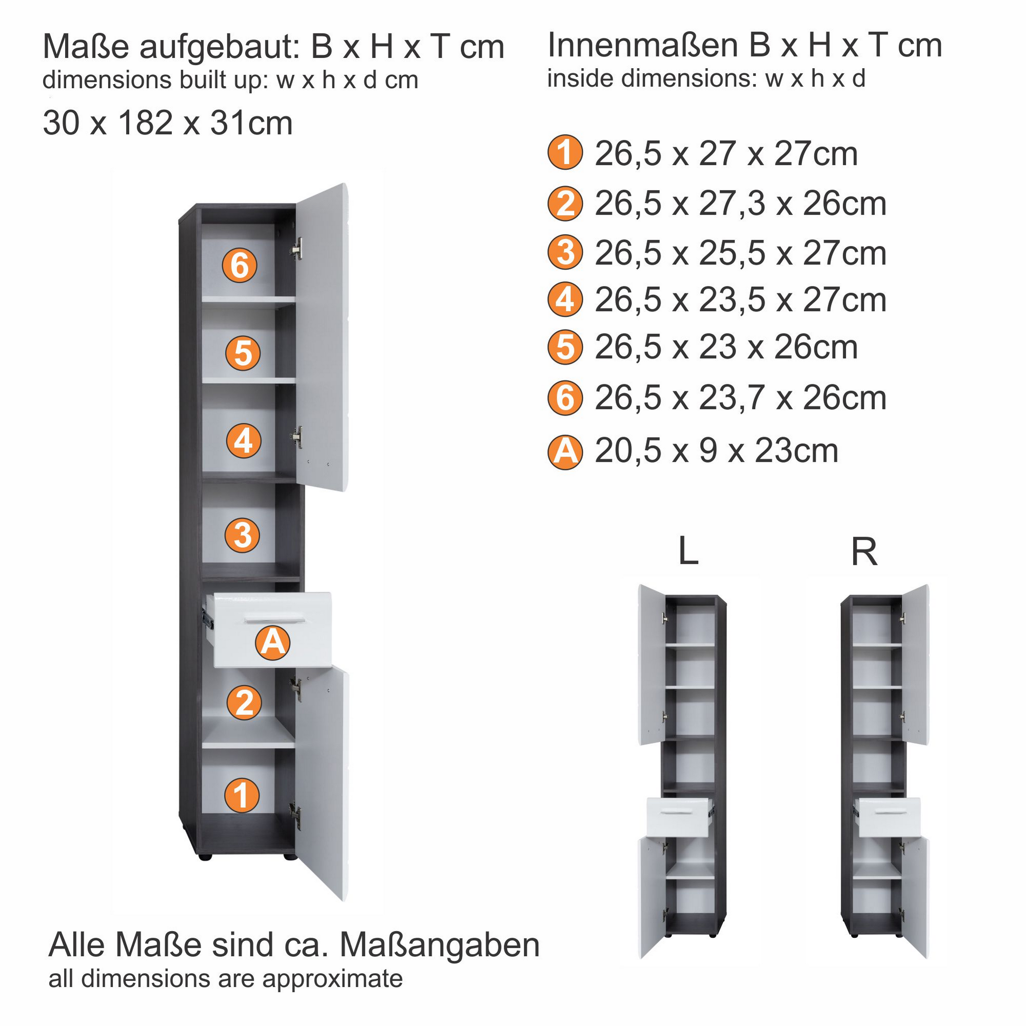Hochschrank 'Skin' weiß Hochglanz 30 x 182 x 31 cm