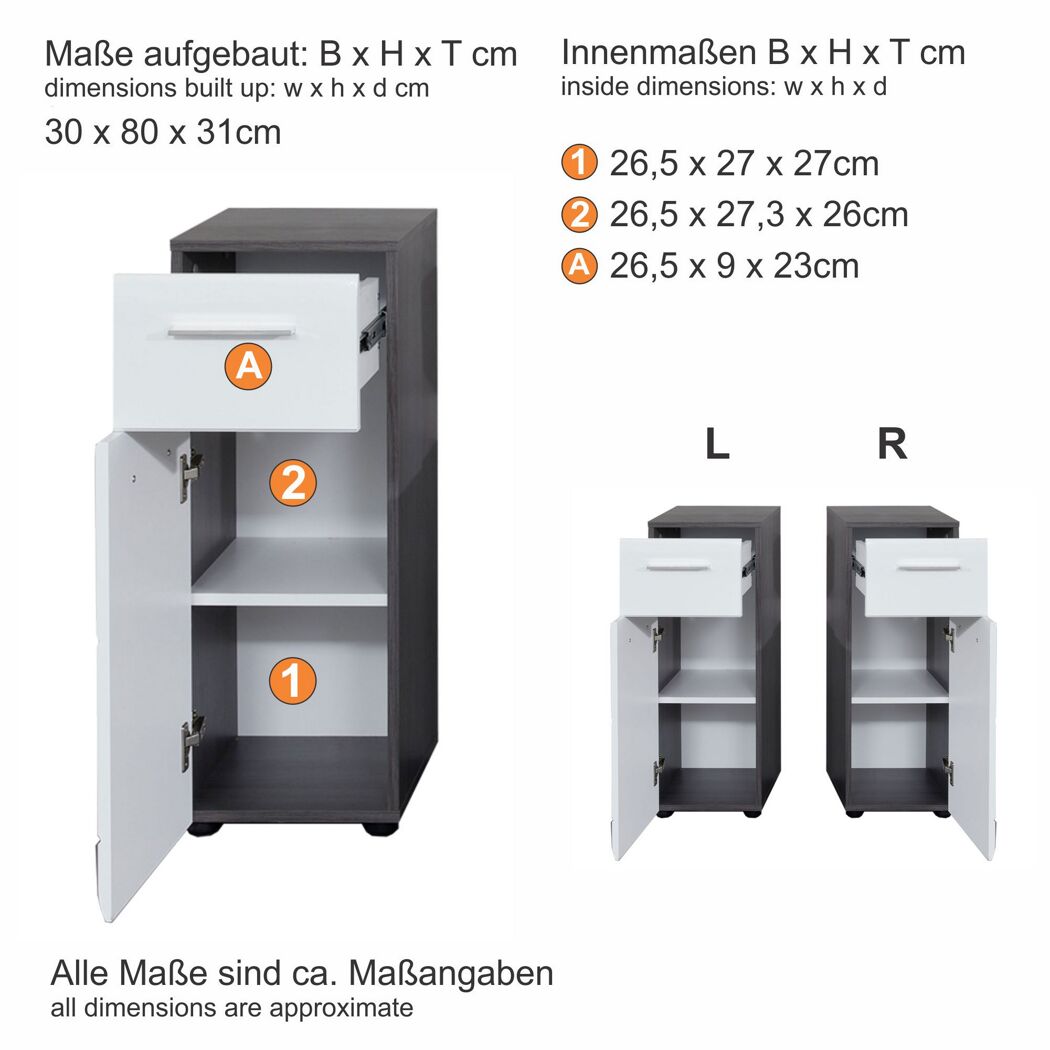 Standschrank 'Skin' weiß Hochglanz 30 x 80 x 31 cm