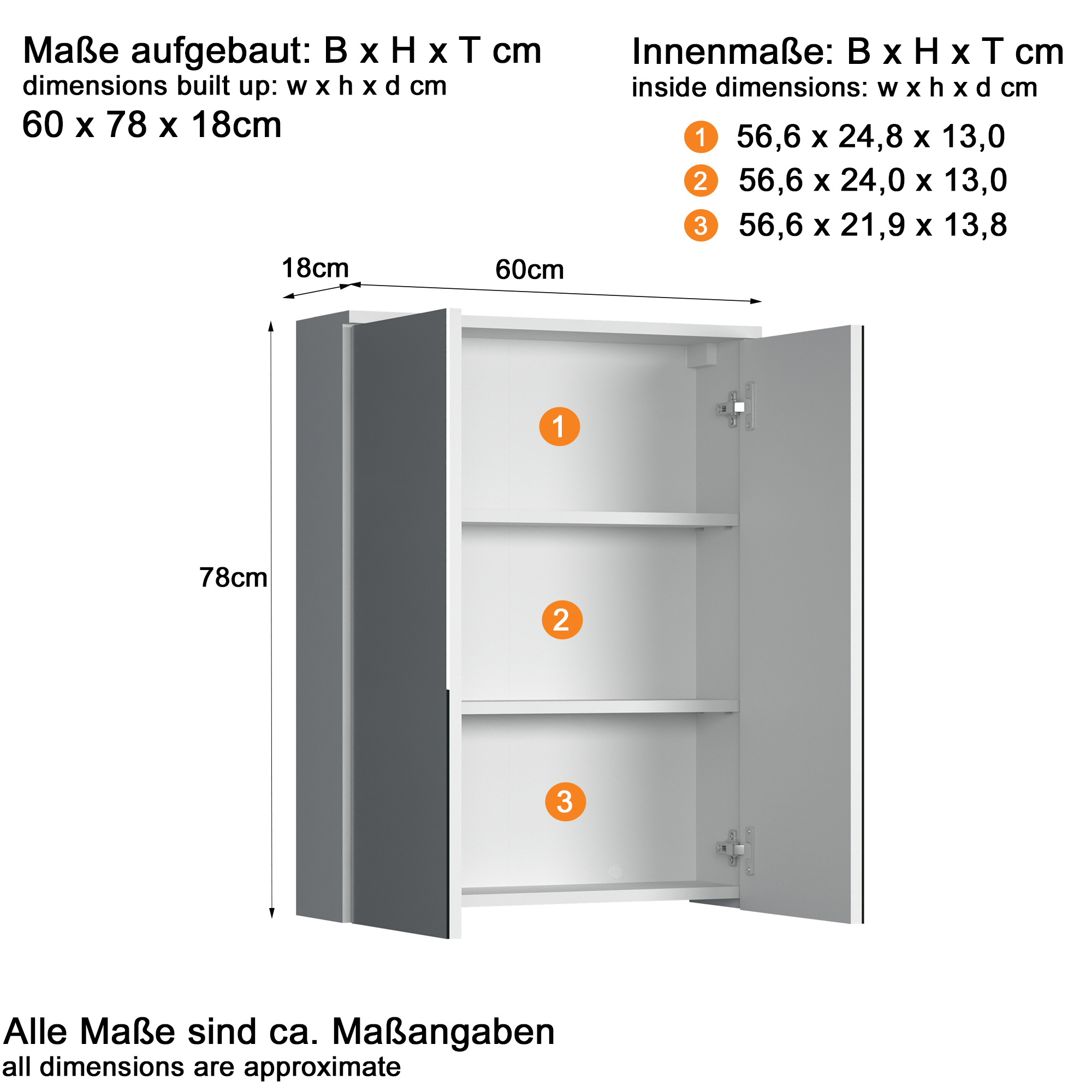 Spiegelschrank 'Wons' weiß Hochglanz 60 x 78 x 18 cm