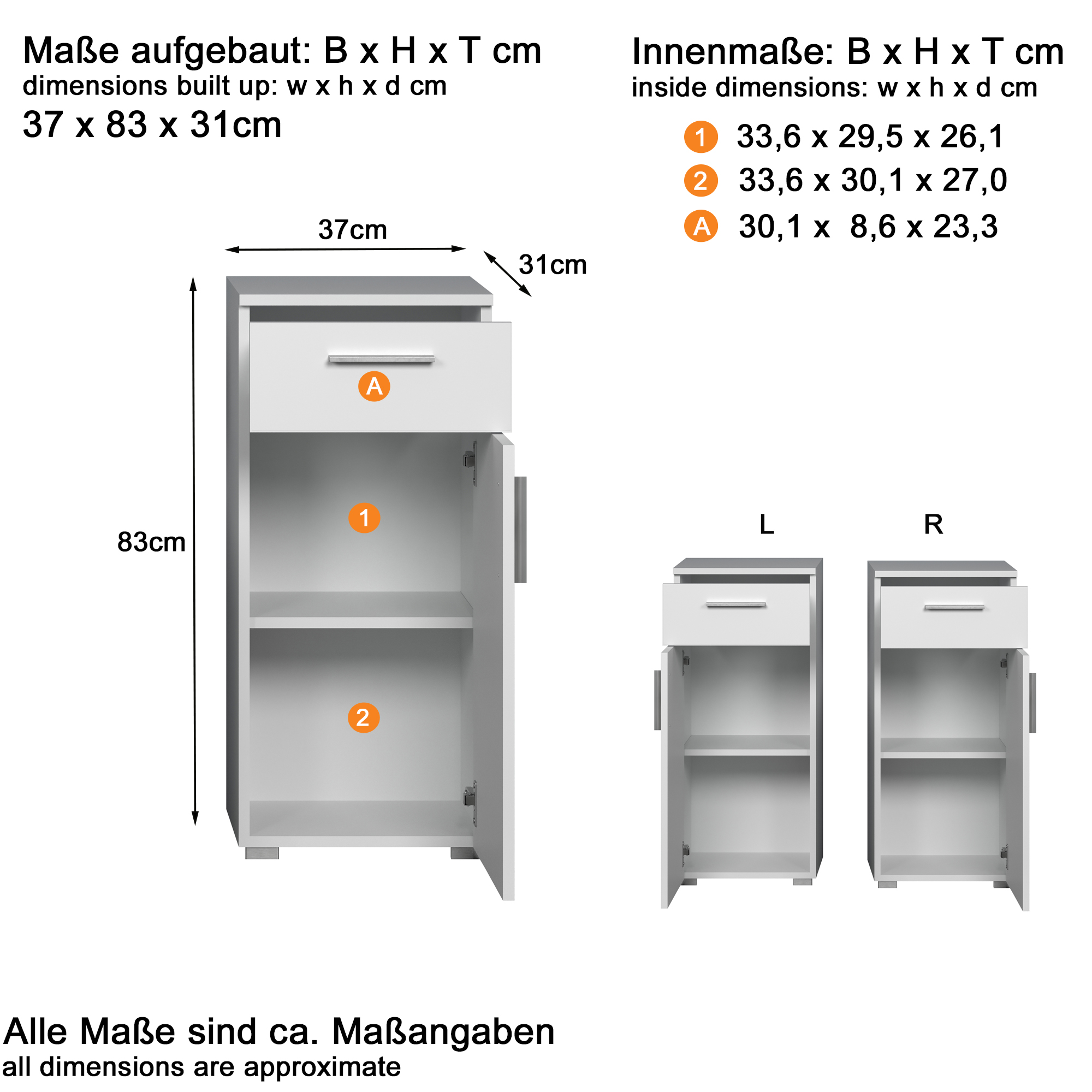 Standschrank 'Wons' weiß Hochglanz 37 x 83 x 31 cm