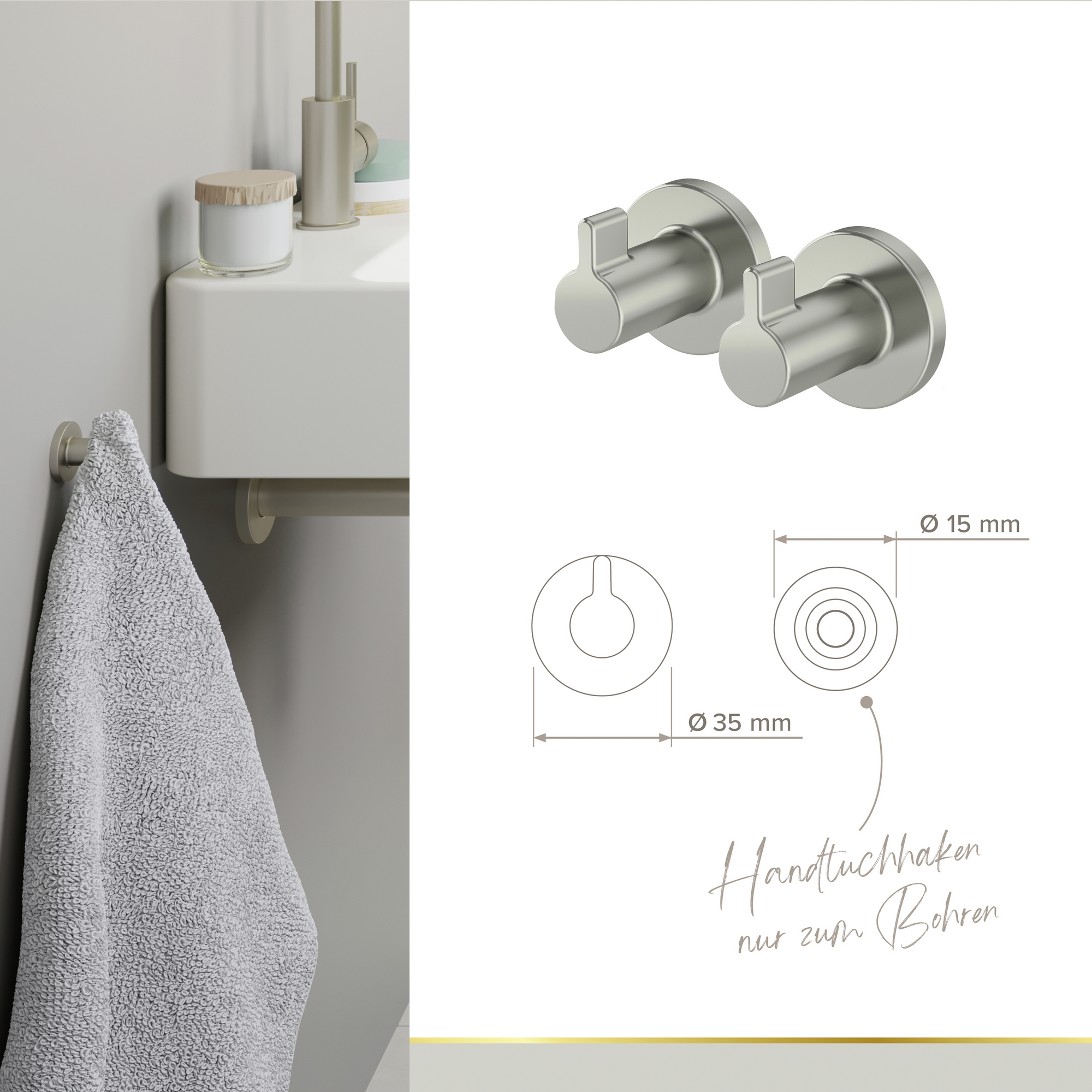 Handtuchhaken 'Noa' Zink nickelfarben Ø 3,5 cm, 2-teilig
