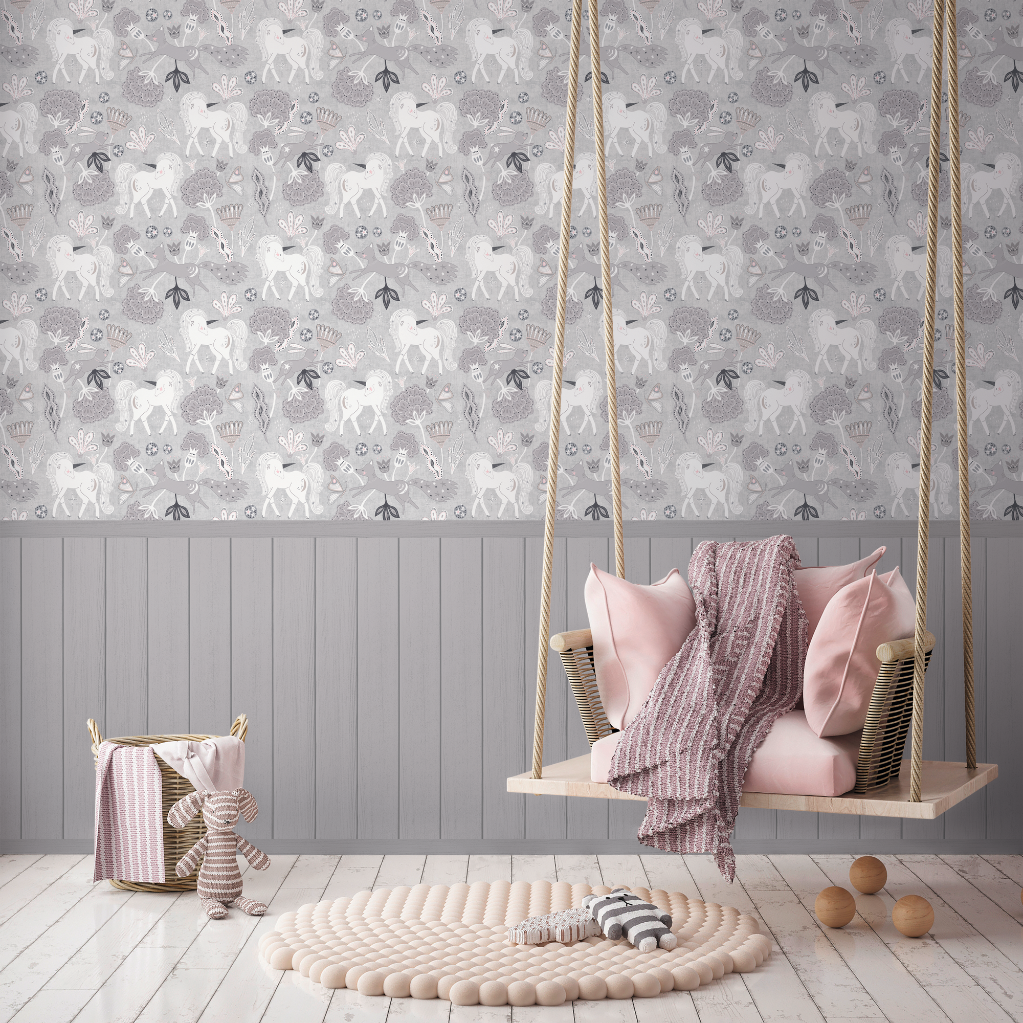 Vliestapete 'Lilly & Luis' Einhorn grau 3-teilig 1,59 x 2,8 m