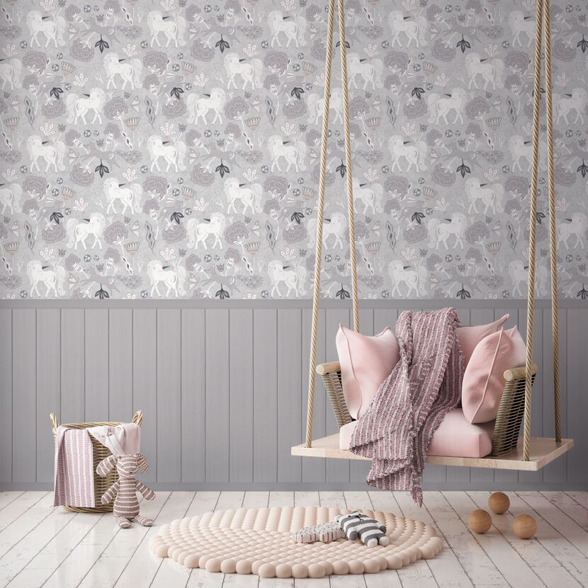 Vliestapete 'Lilly & Luis' Einhorn grau 3-teilig 1,59 x 2,8 m