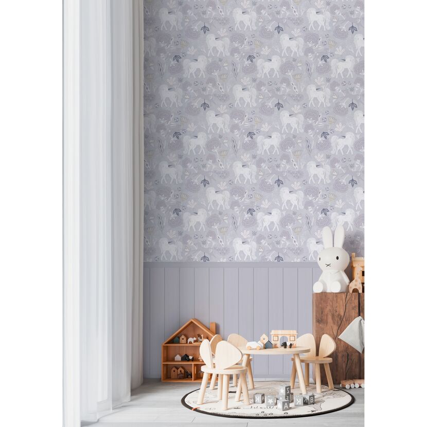 Vliestapete 'Lilly & Luis' Einhorn grau 3-teilig 1,59 x 2,8 m