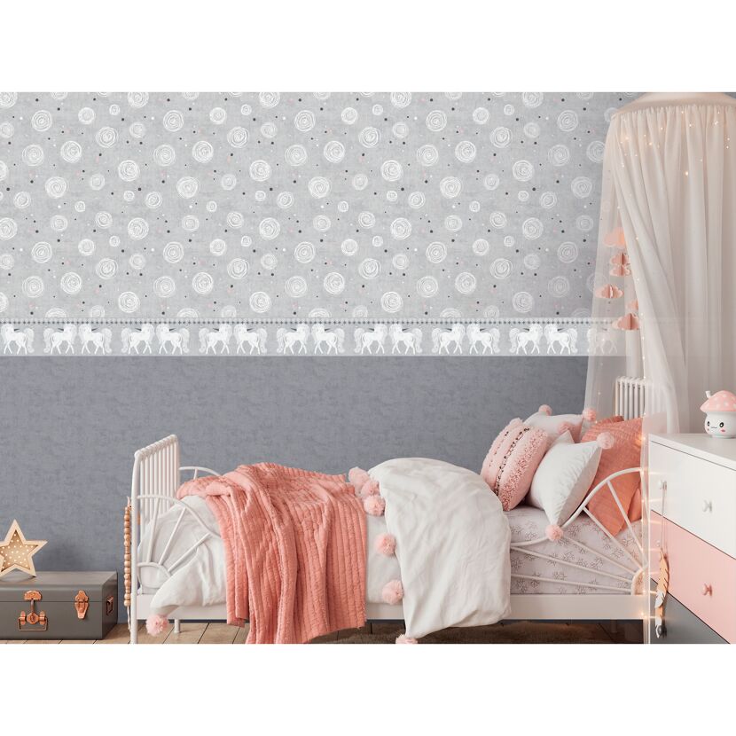 Bordüre 'Lilly & Luis' Einhorn grau 0,13 x 5 m