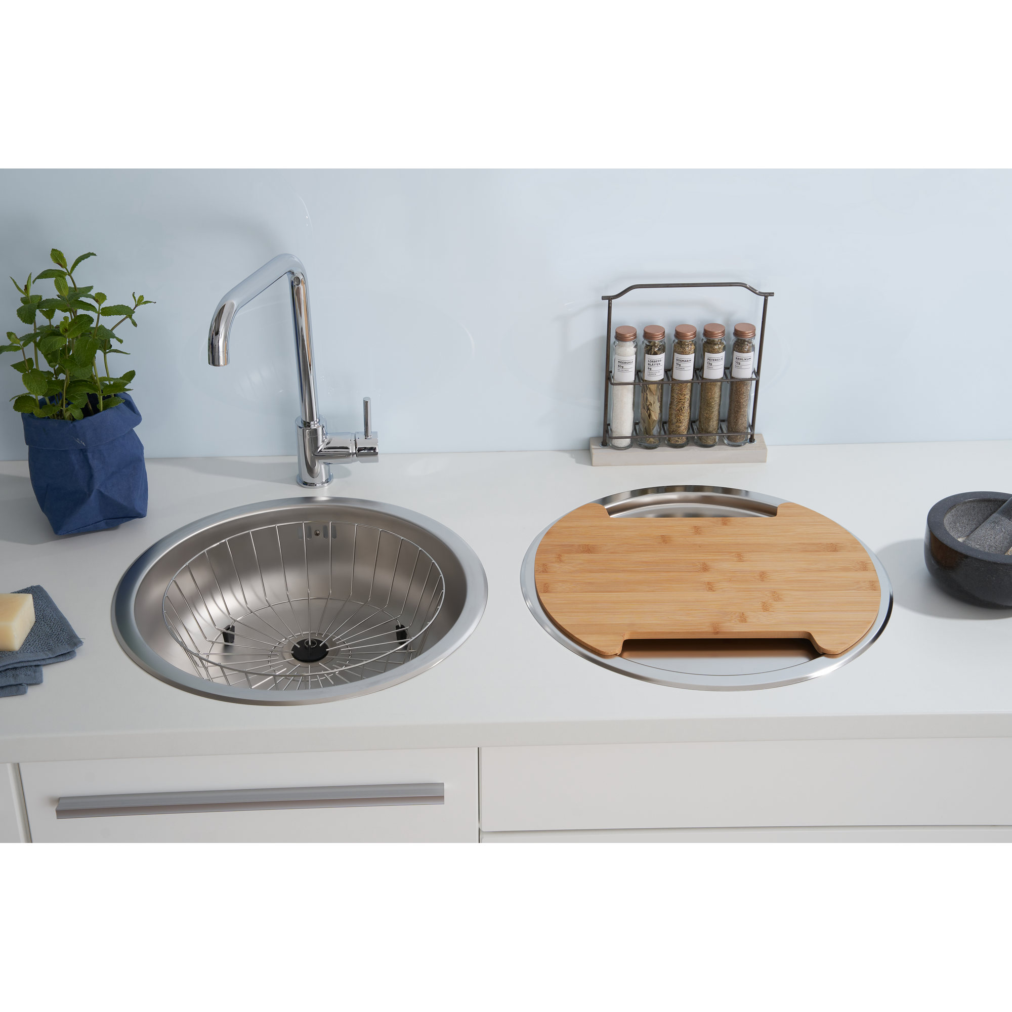 Einbauspülen-Set 'Oregon' Edelstahl Ø 45 cm mit Schneidebrett, Korb