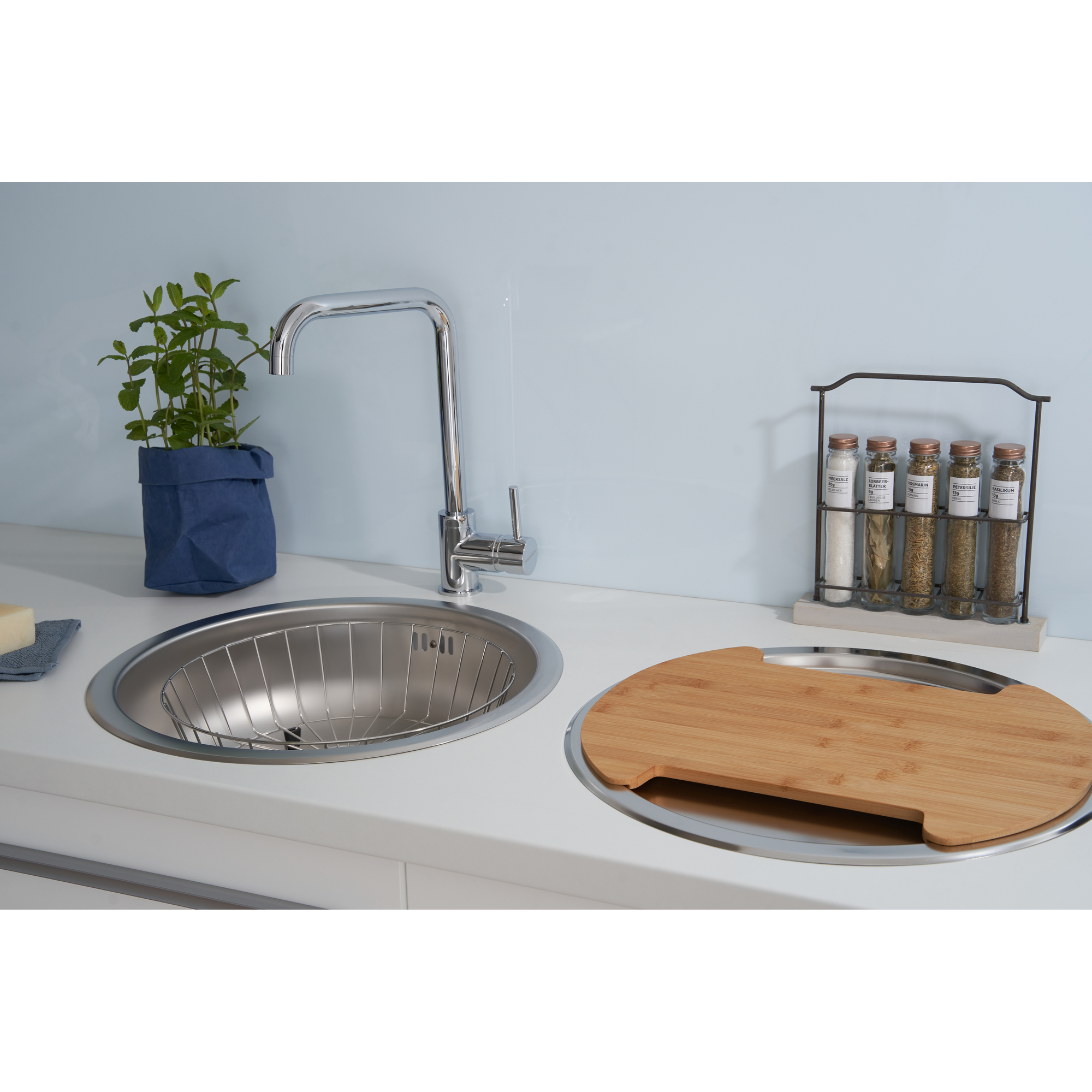 Einbauspülen-Set 'Oregon' Edelstahl Ø 45 cm mit Schneidebrett, Korb