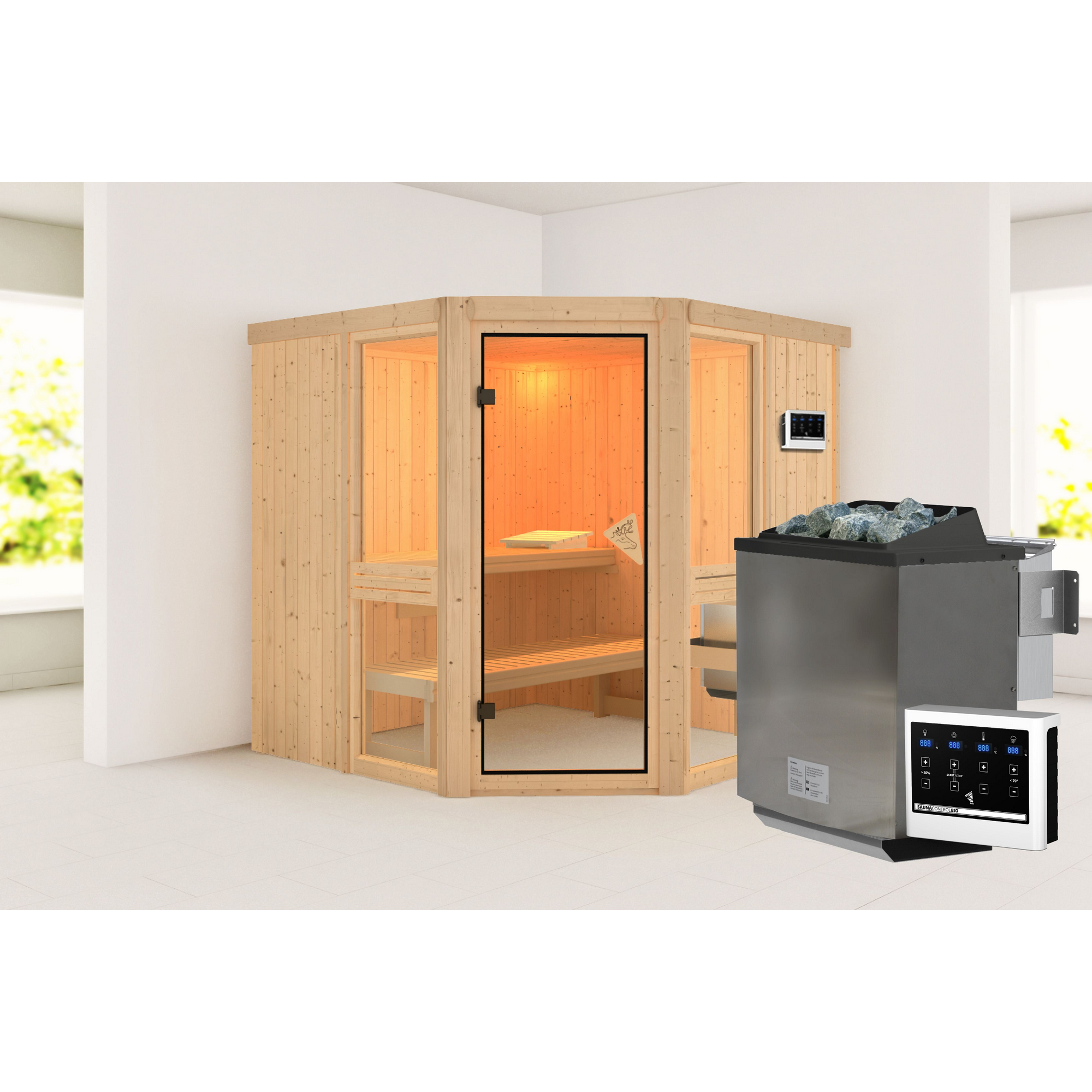 Systemsauna 'Ana 2' naturbelassen 9 kW Bio externe Steuerung 196 x 198 x 196 cm
