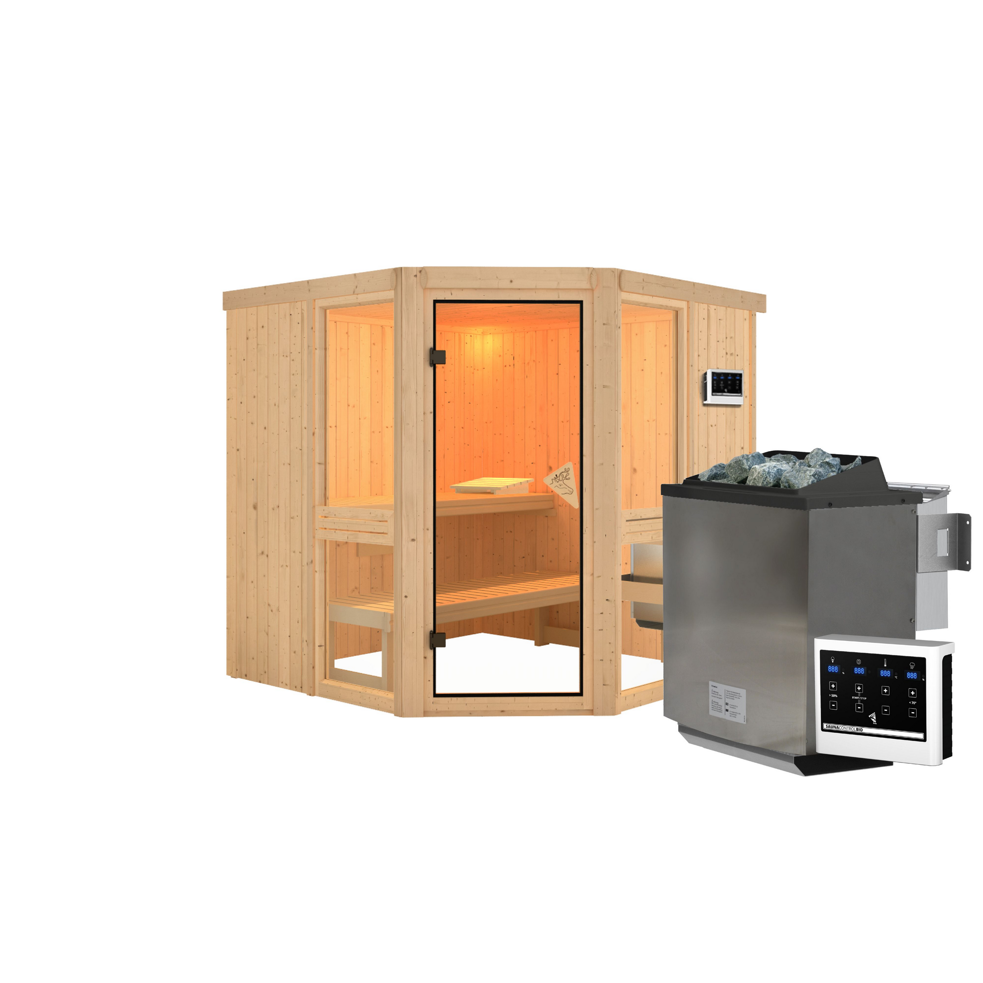 Systemsauna 'Ana 2' naturbelassen 9 kW Bio externe Steuerung 196 x 198 x 196 cm