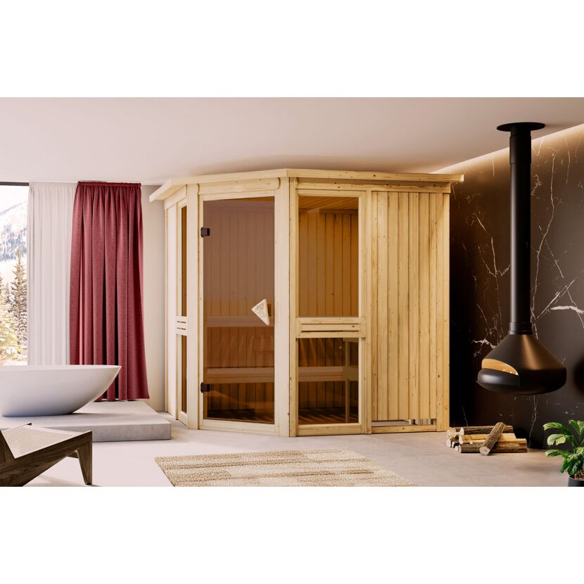 Sauna 'Ana 2' naturbelassen mit Kranz 210 x 202 x 210 cm
