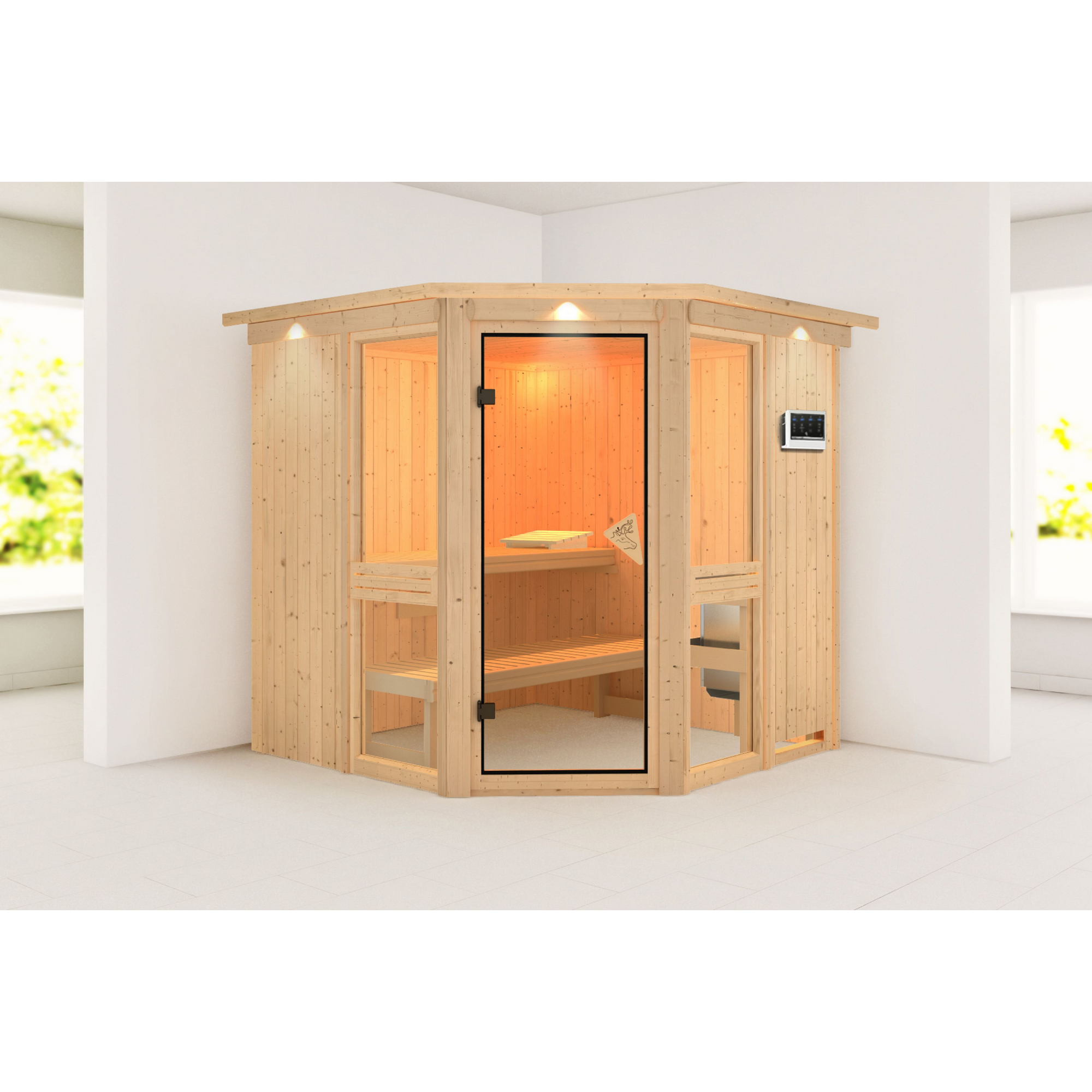 Sauna 'Ana 2' naturbelassen mit Kranz 210 x 202 x 210 cm