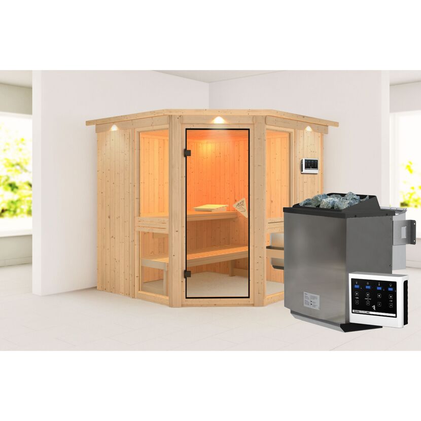 Sauna 'Ana 2' naturbelassen mit Kranz 9 kW Bio externe Steuerung 210 x 202 x 210 cm