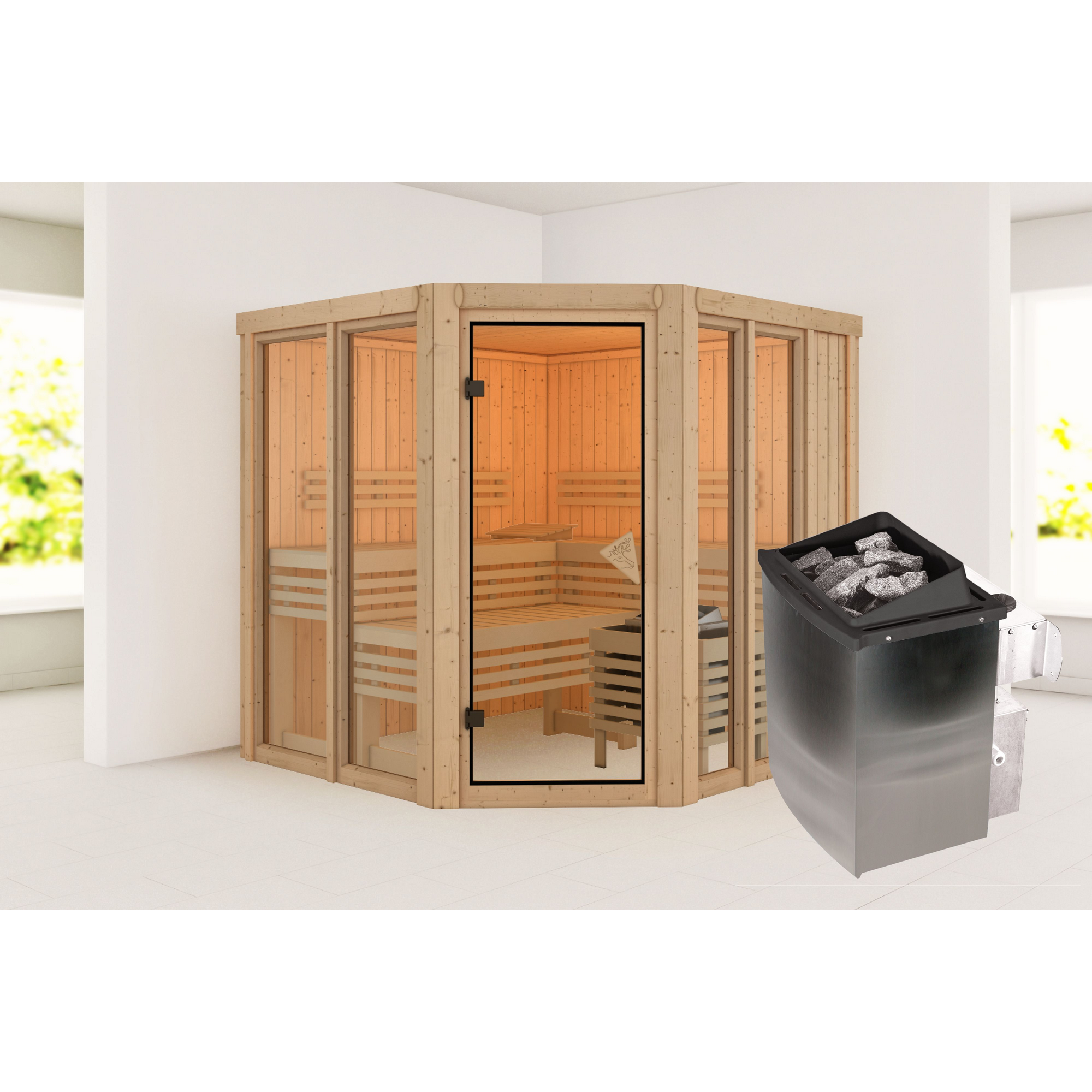 Sauna 'Airisa' naturbelassen Ofen 9 kW integrierte Steuerung 196 x 198 x 196 cm