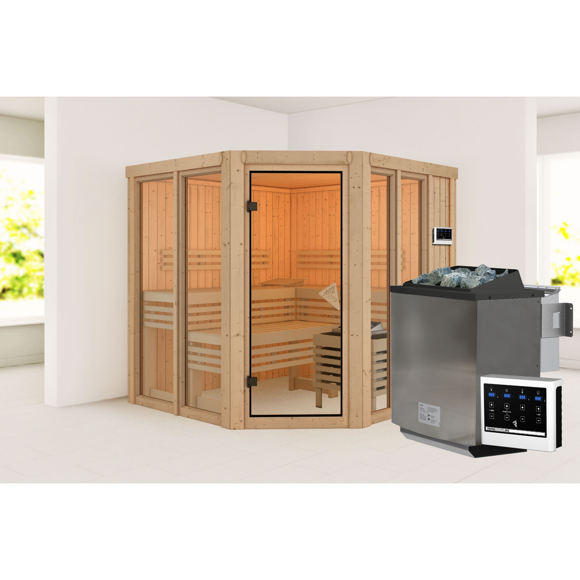 Sauna 'Airisa' naturbelassen 9 kW Bio externe Steuerung 196 x 198 x 196 cm