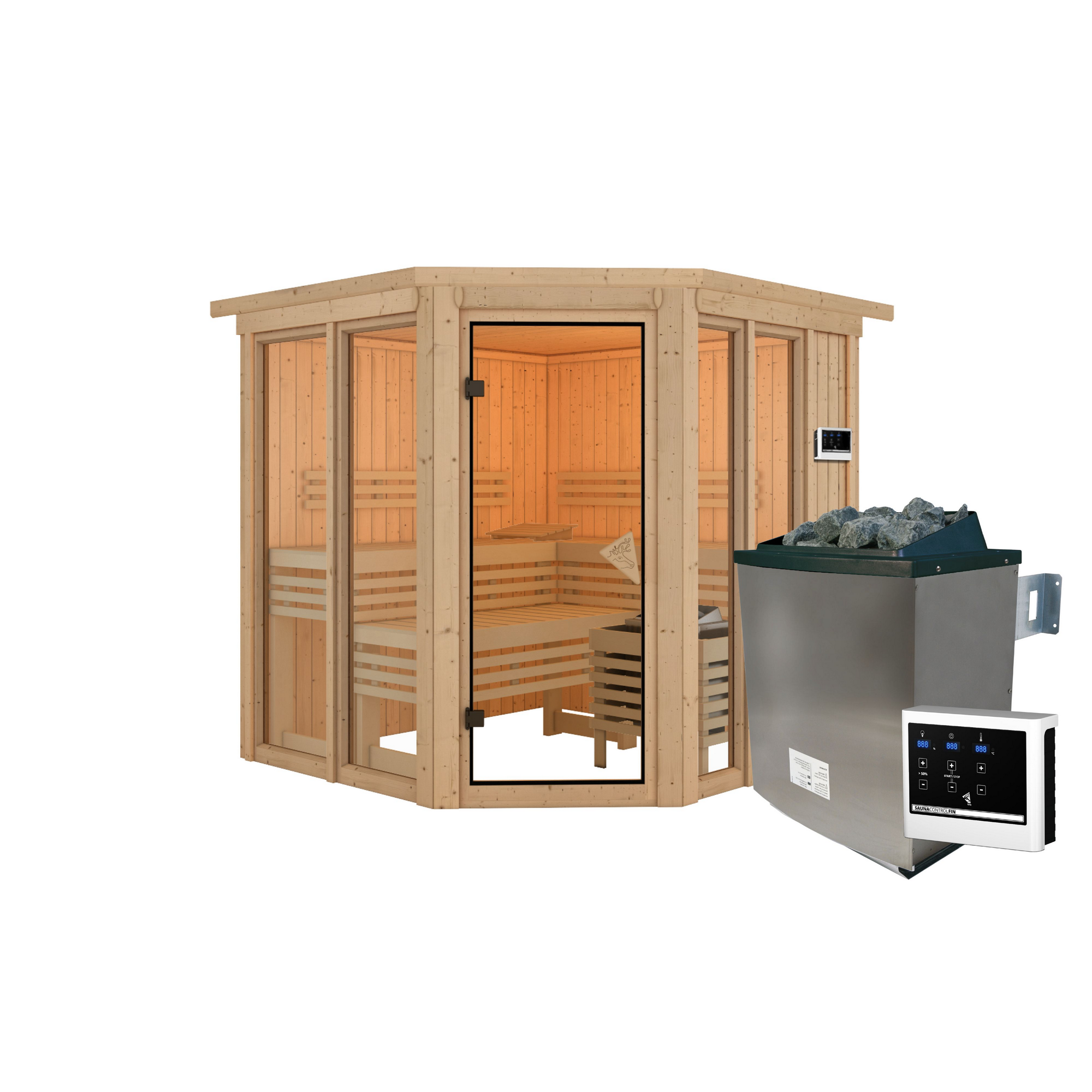 Sauna 'Airisa' naturbelassen mit Kranz Ofen 9 kW externe Steuerung 196 x 202 x 210 cm